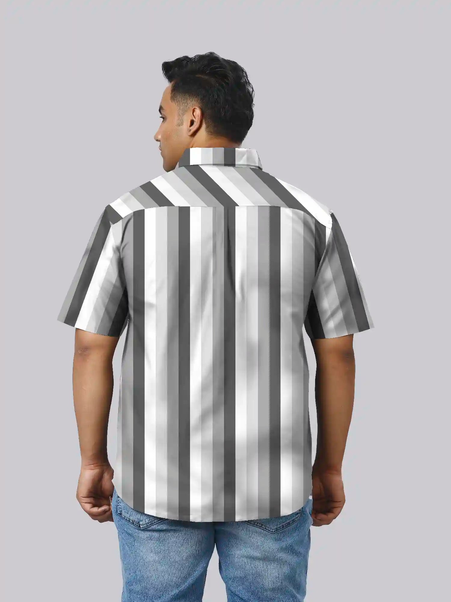 Grey Stripe Cotton Linen Plus Size Half Sleeve Shirt