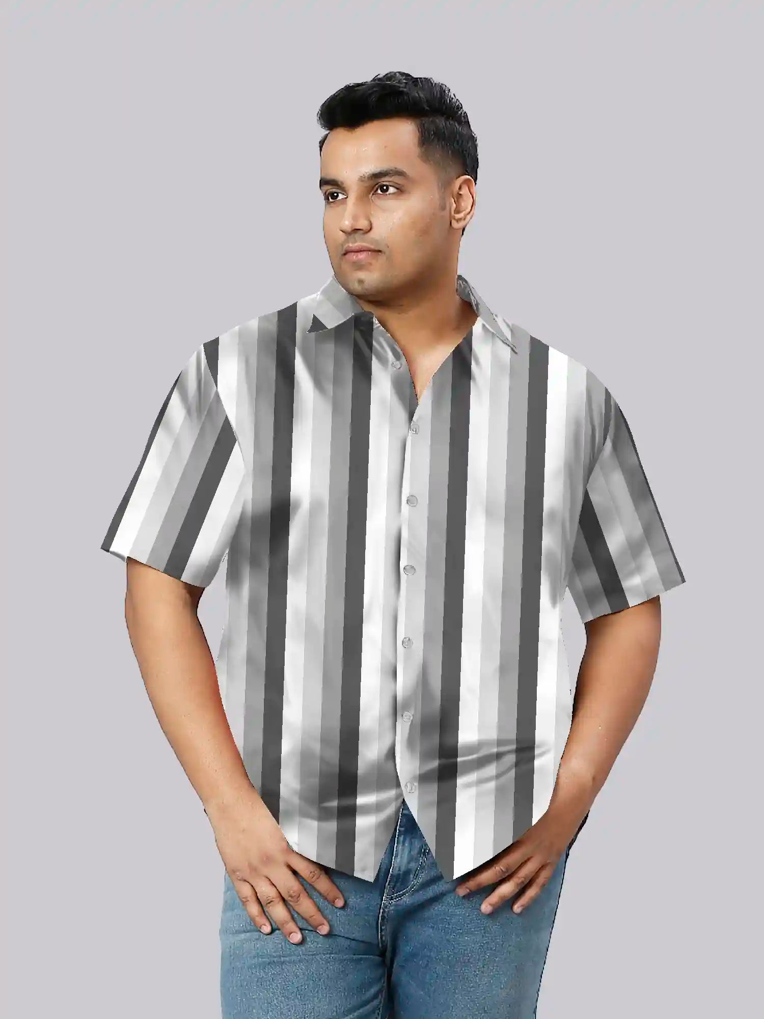 Grey Stripe Cotton Linen Plus Size Half Sleeve Shirt