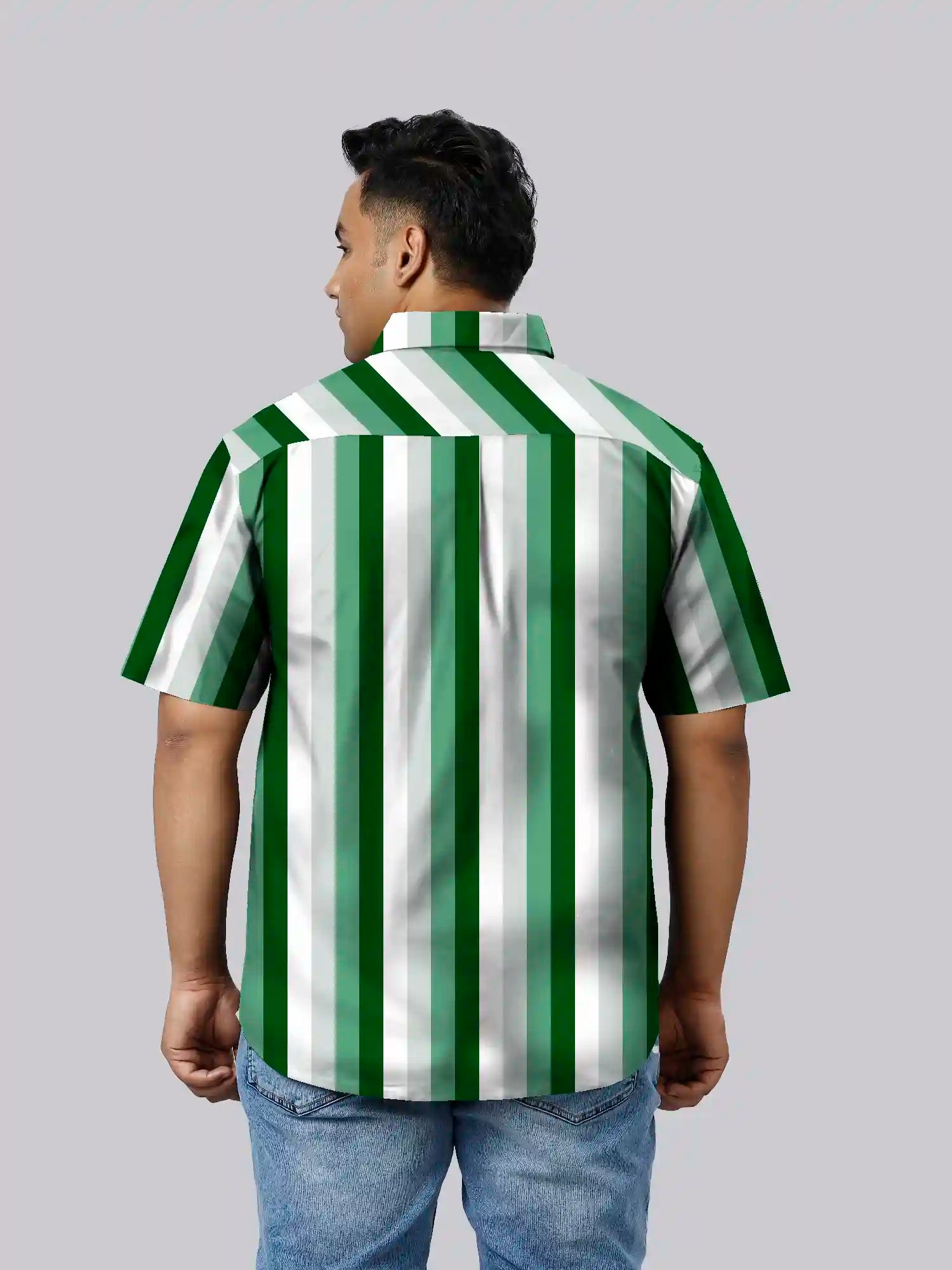 Green Stripe Cotton Linen Plus Size Half Sleeve Shirt