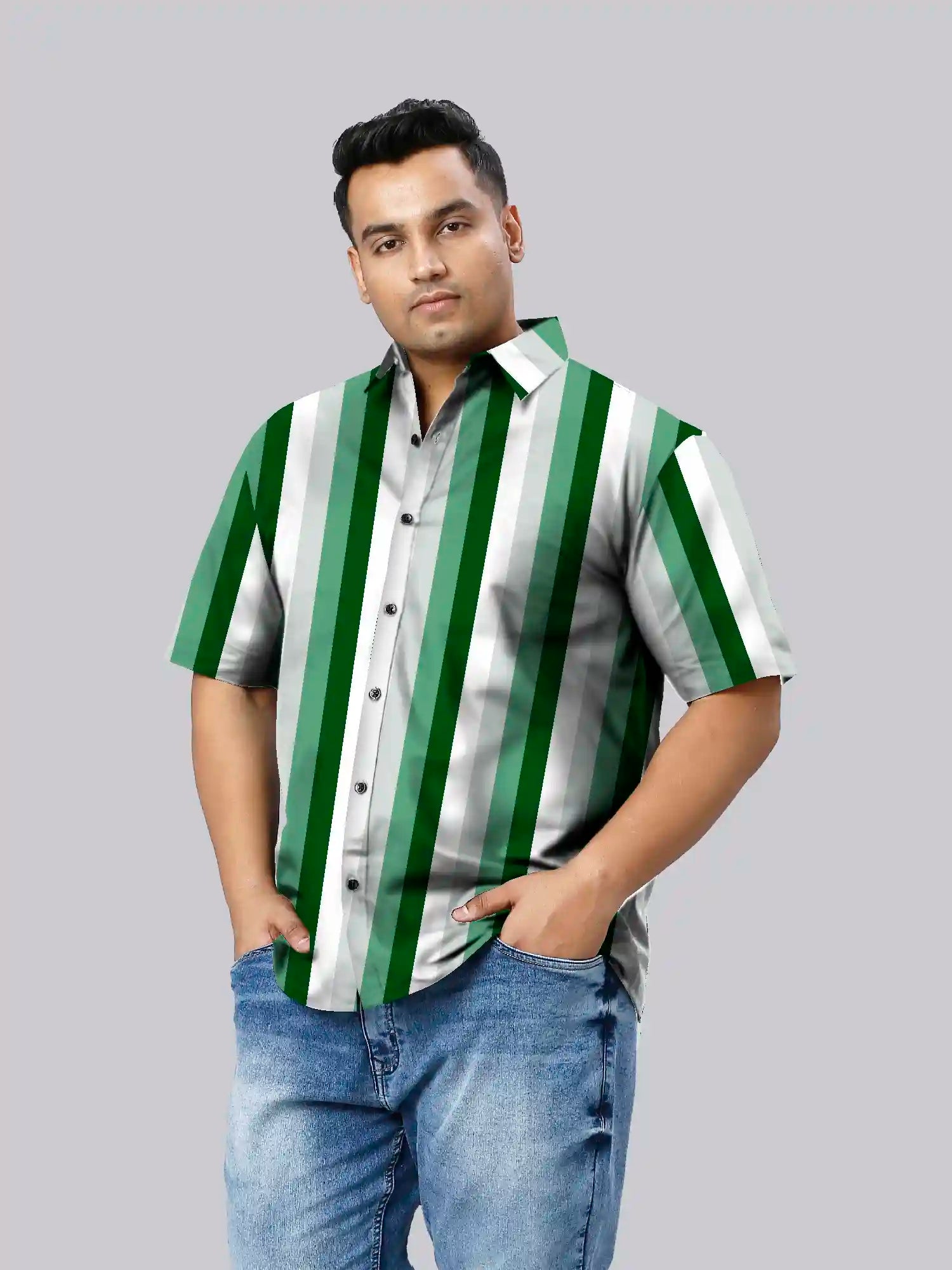 Green Stripe Cotton Linen Plus Size Half Sleeve Shirt