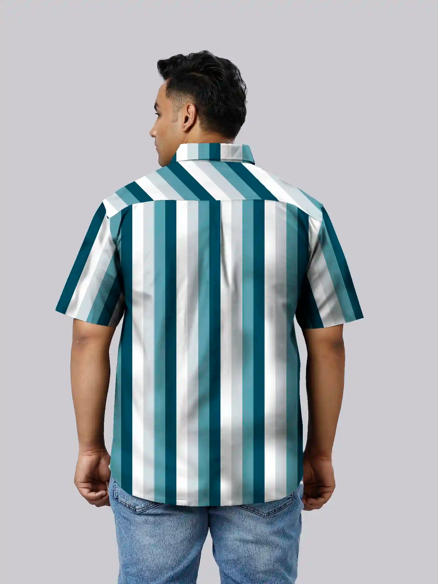 Blue Stripe Cotton Linen Plus Size Half Sleeve Shirt
