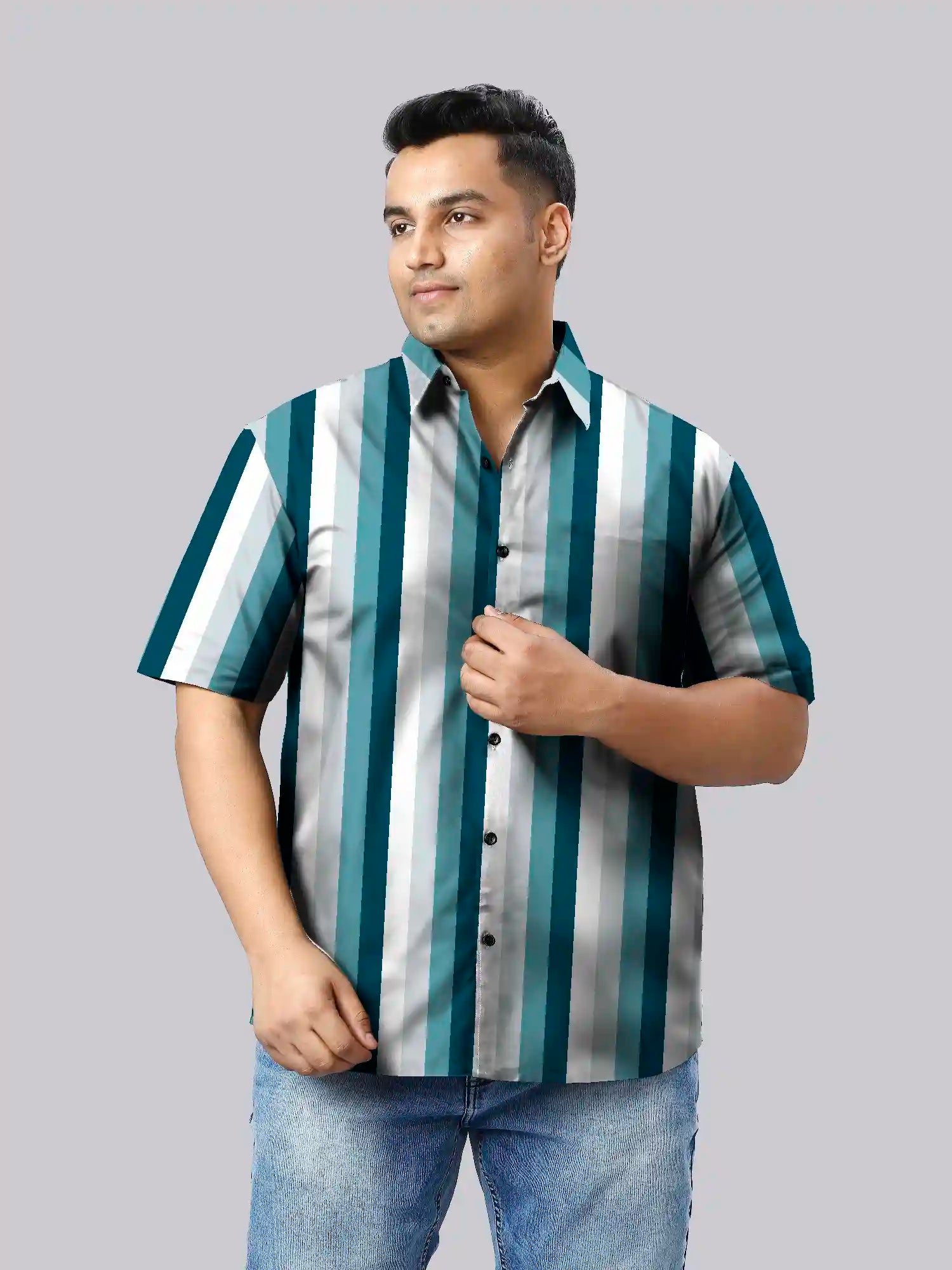 Blue Stripe Cotton Linen Plus Size Half Sleeve Shirt
