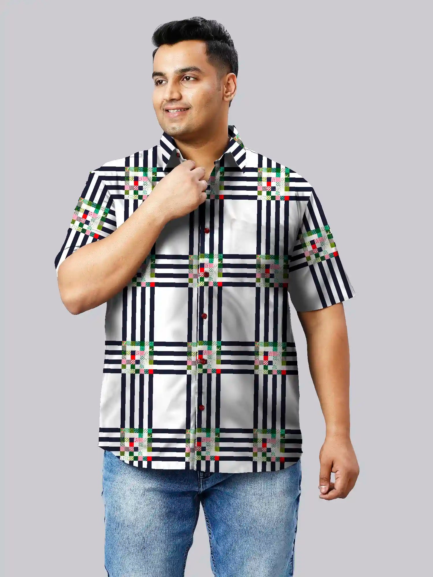 Irish Vhain Checks Cotton Linen Plus Size Half Sleeve Shirt