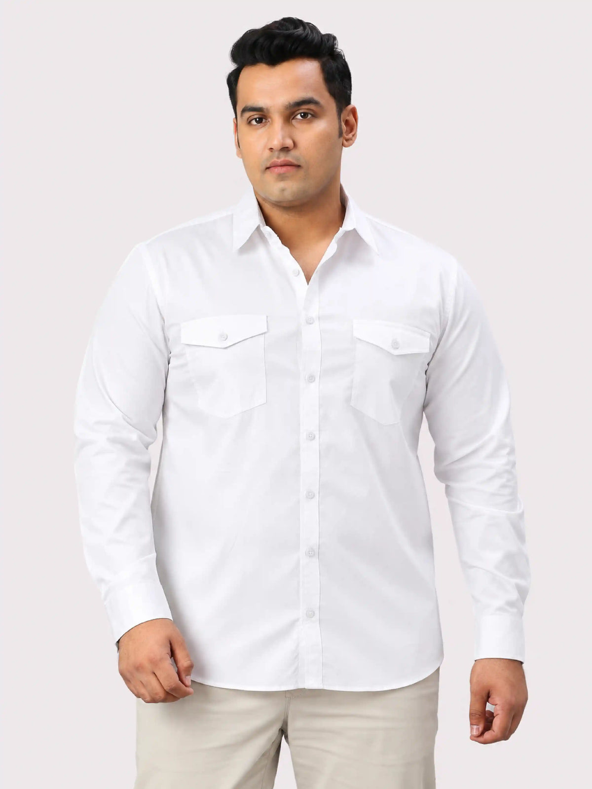 White Solid Pure Cotton Men's Plus Size Double Pocket Full Sleeve Shirt
