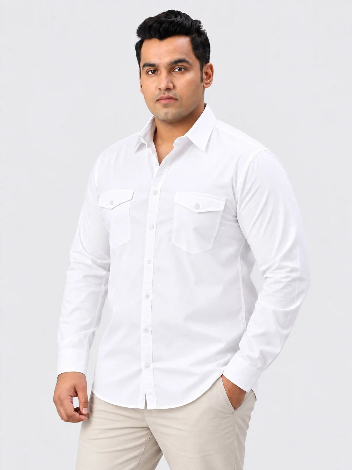 White Solid Pure Cotton Men's Plus Size Double Pocket Full Sleeve Shirt
