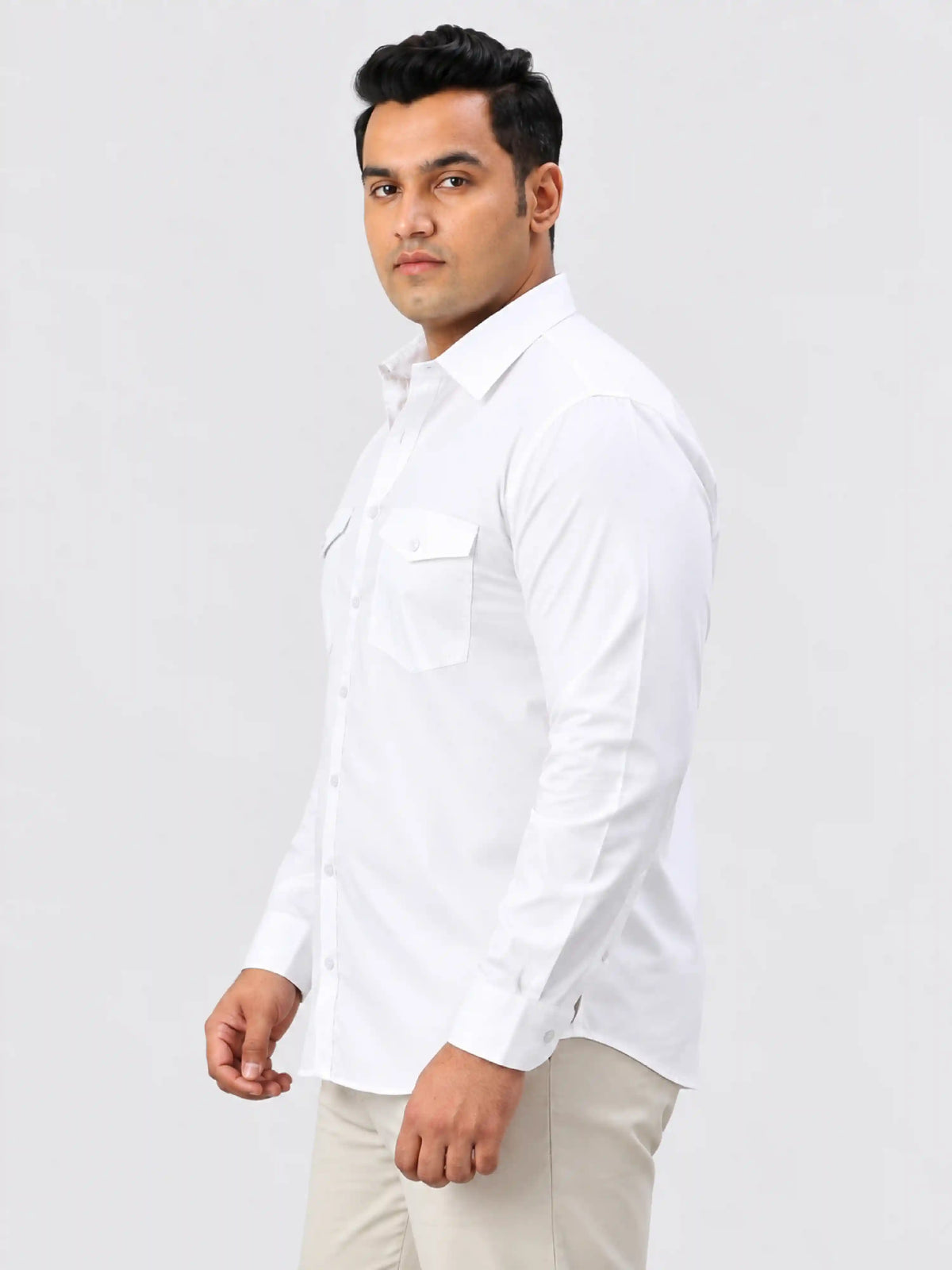 White Solid Pure Cotton Men's Plus Size Double Pocket Full Sleeve Shirt
