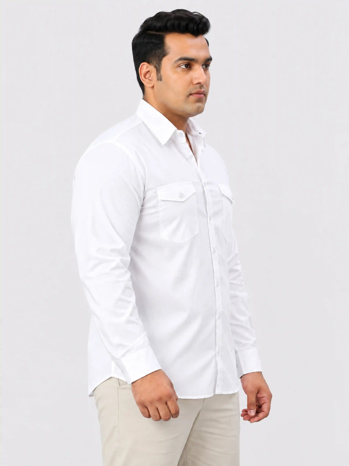 White Solid Pure Cotton Men's Plus Size Double Pocket Full Sleeve Shirt