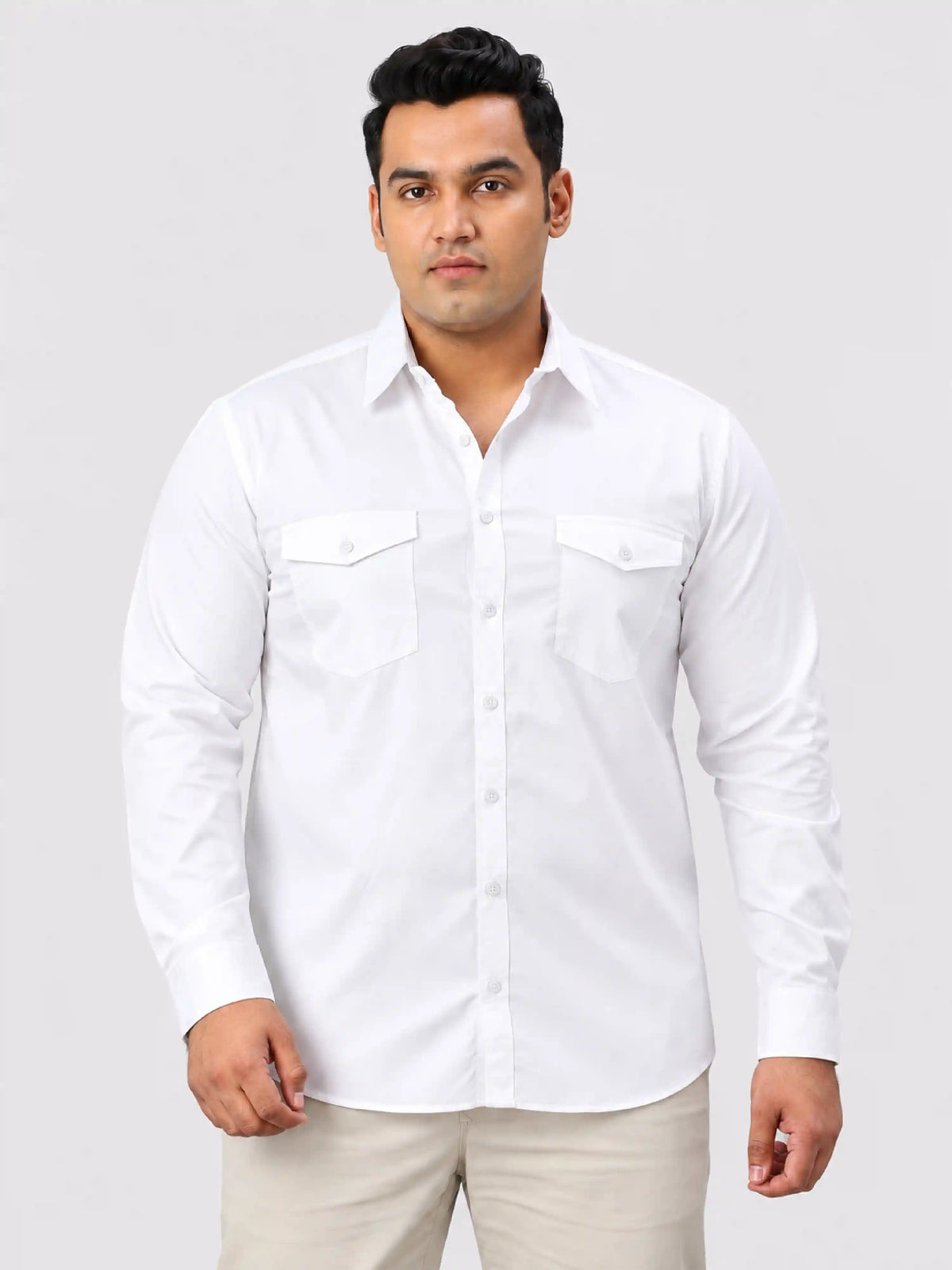 White Solid Pure Cotton Men's Plus Size Double Pocket Full Sleeve Shirt