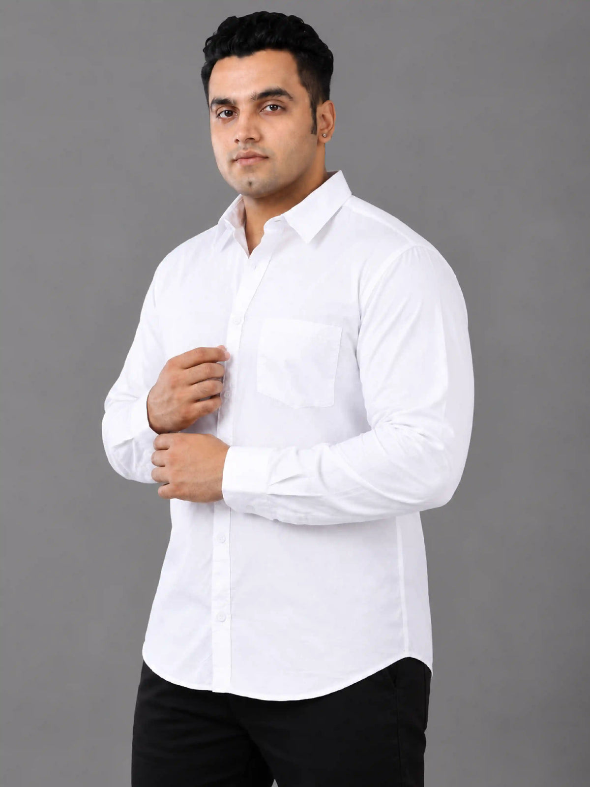 White Solid Pure Cotton Men's Plus Size Full Sleeve Shirt