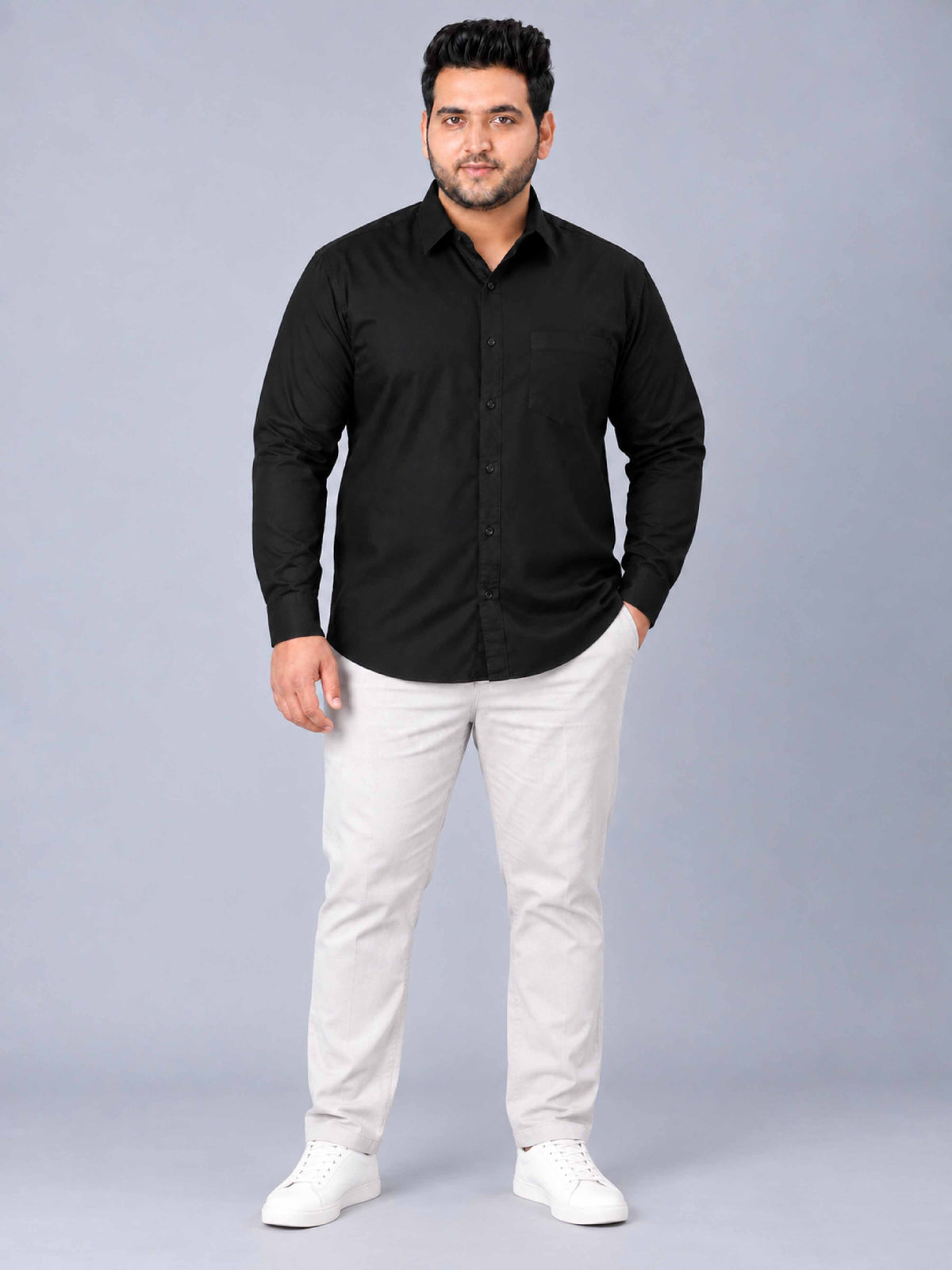 Black Pure Cotton Men's Plus Size Full Sleeve Shirt