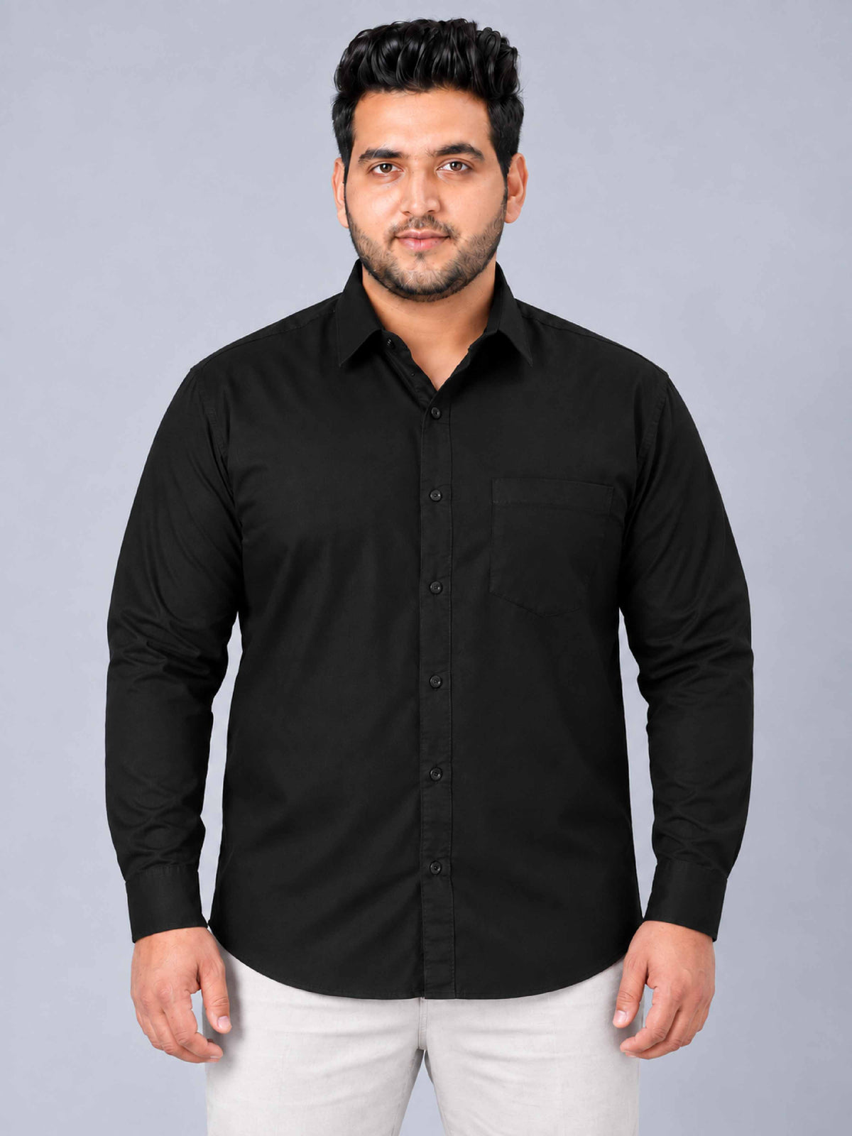 Black Pure Cotton Men's Plus Size Full Sleeve Shirt