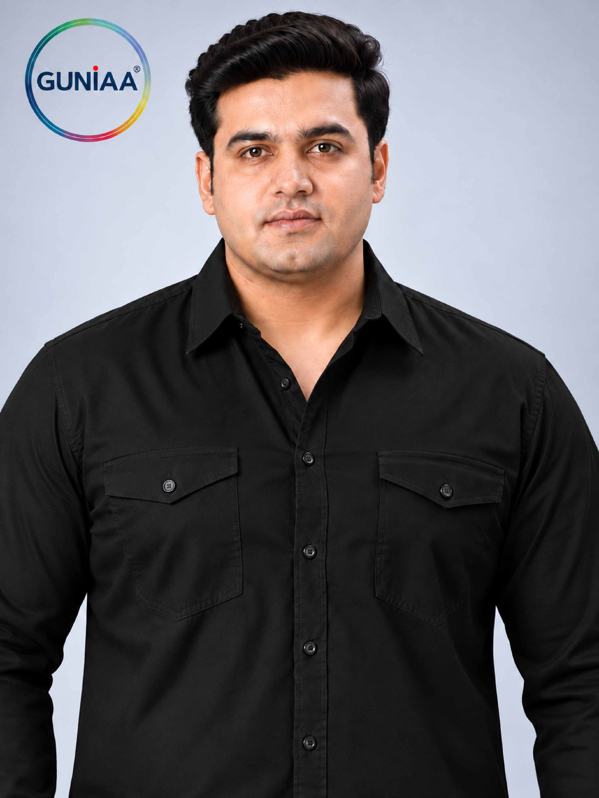 Black Solid Pure Cotton Men's Plus Size Double Pocket Full Sleeve Shirt