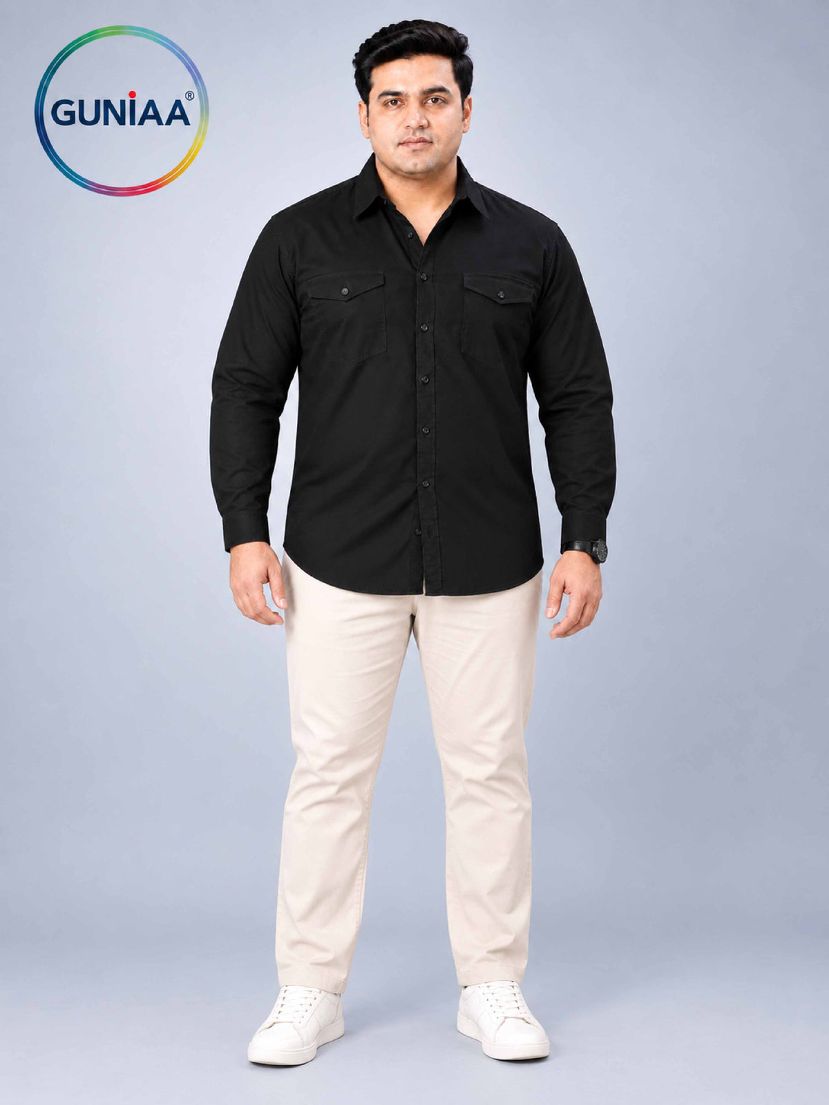 Black Solid Pure Cotton Men's Plus Size Double Pocket Full Sleeve Shirt