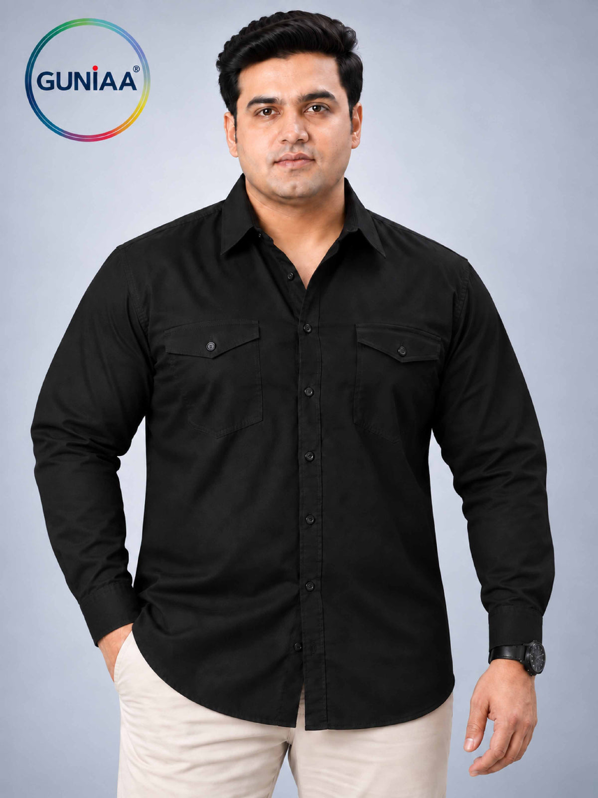 Black Solid Pure Cotton Men's Plus Size Double Pocket Full Sleeve Shirt