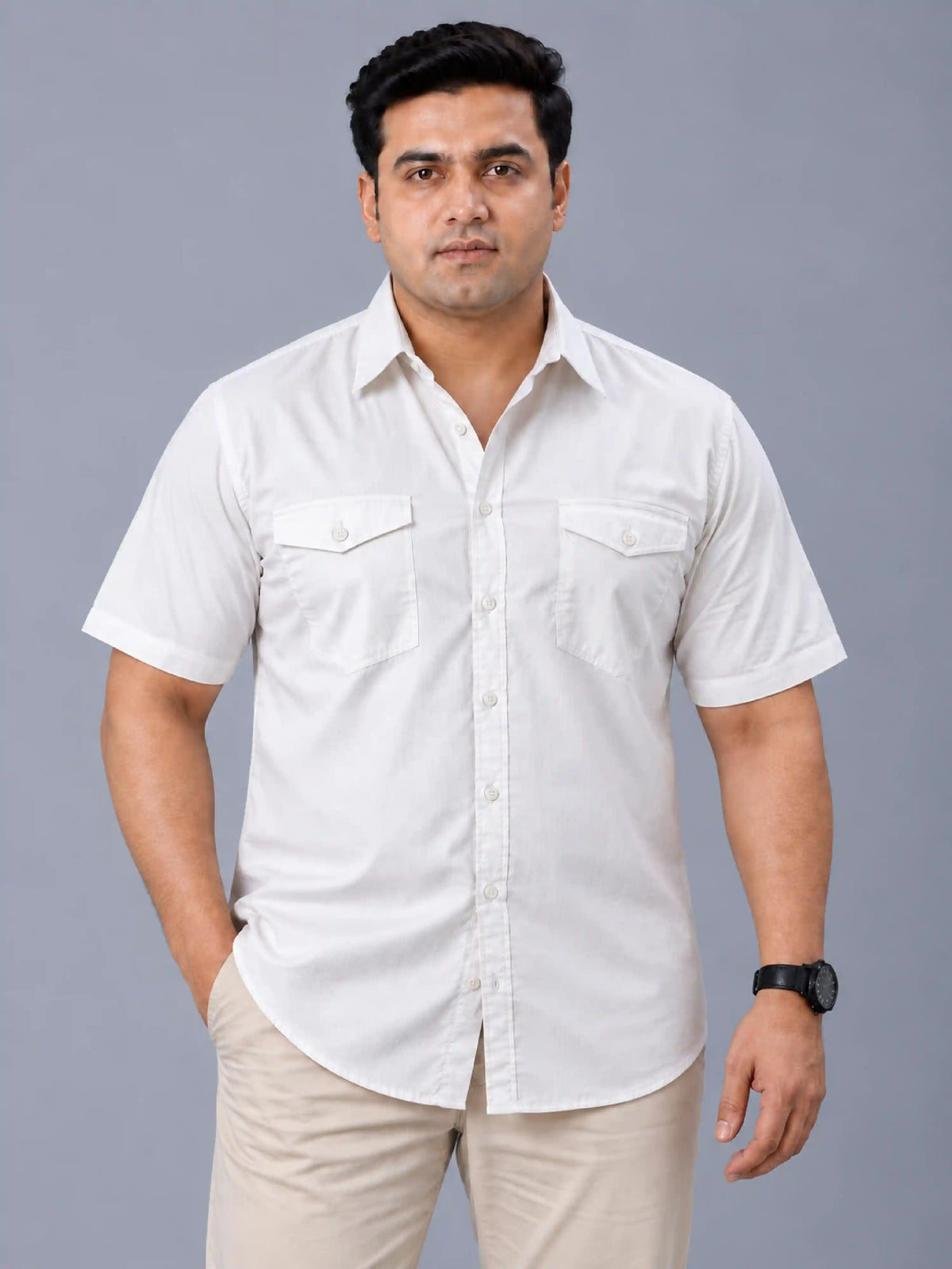 White Solid Pure Cotton Men's Plus Size Double Pocket Half Sleeve Shirt