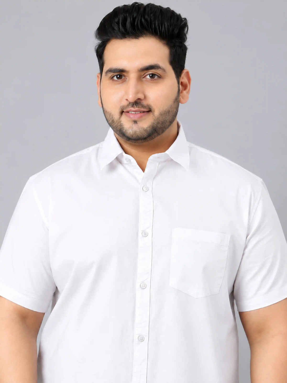 White Solid Stretchable Cotton Men's Plus Size Half Sleeve Shirt