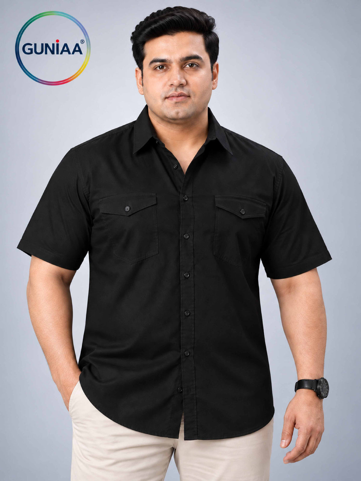 Black Solid Pure Cotton Men's Plus Size Double Pocket Half Sleeve Shirt