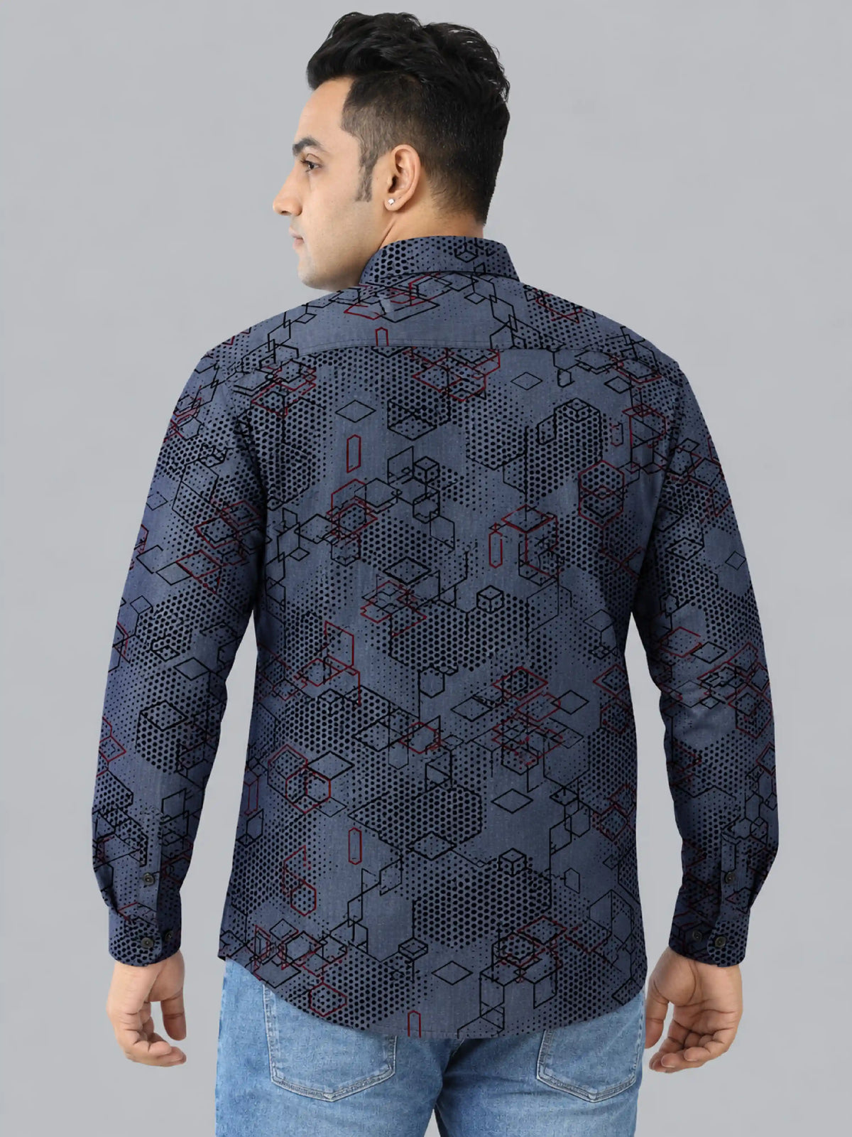 Digital Matrix Denim Printed Men's Plus Size Double Pocket Full Sleeve Shirt