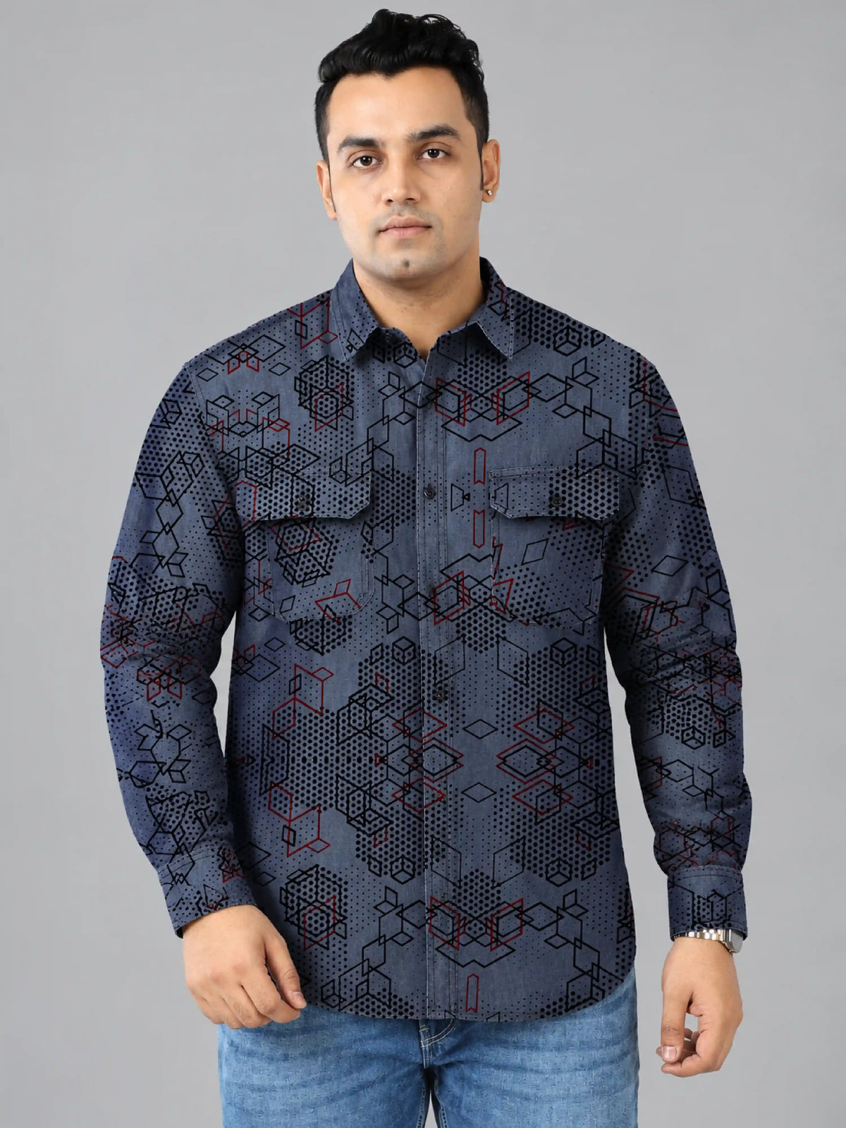 Digital Matrix Denim Printed Men's Plus Size Double Pocket Full Sleeve Shirt