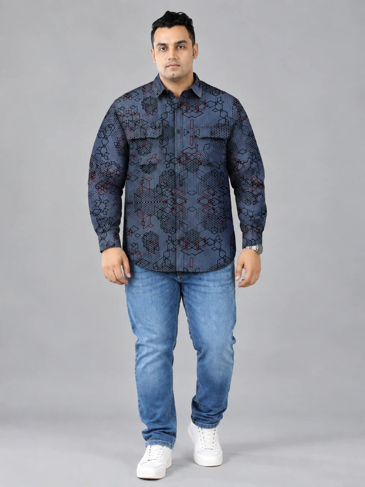 Digital Matrix Denim Printed Men's Plus Size Double Pocket Full Sleeve Shirt