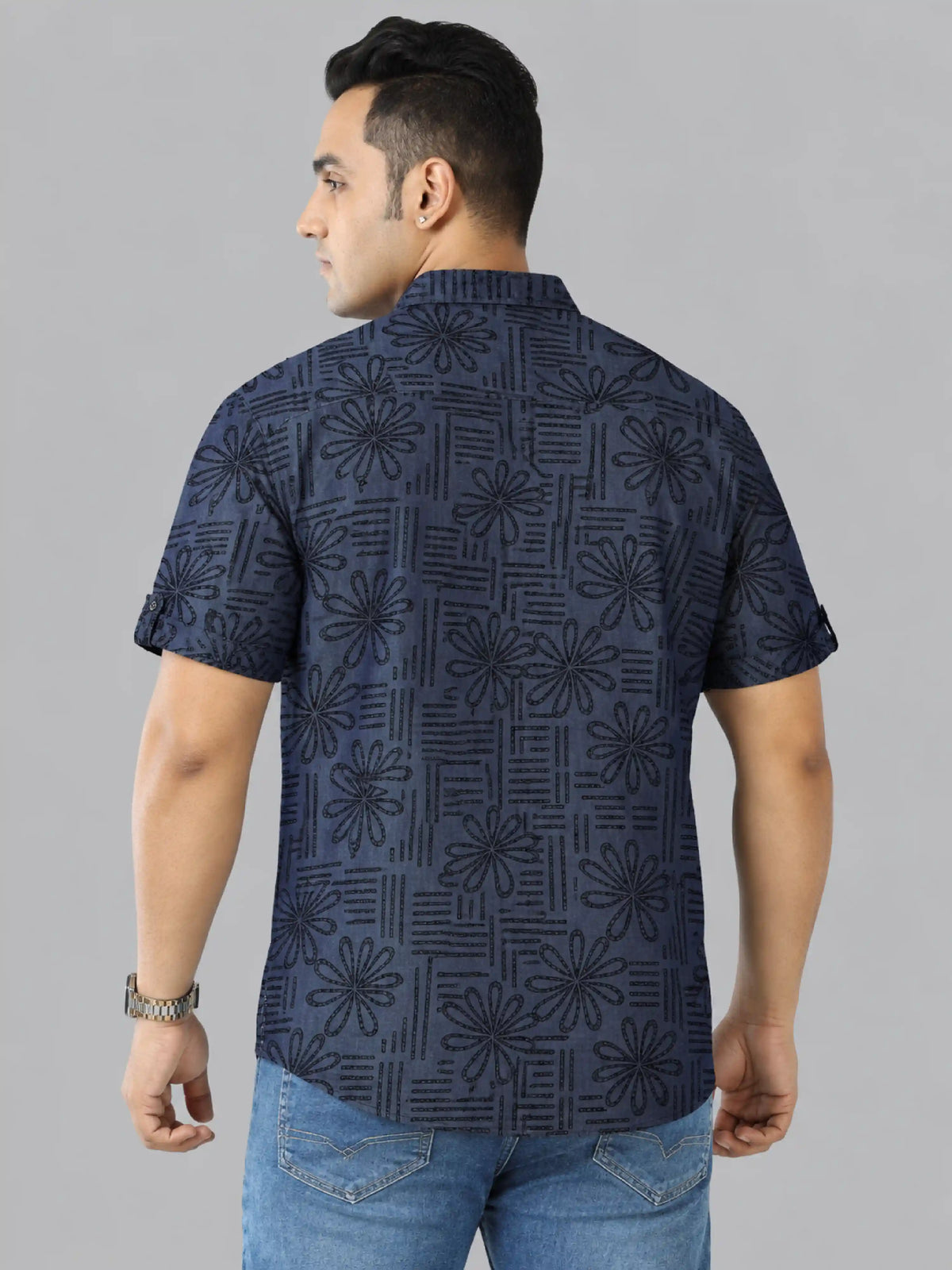 Bloom Line Denim Printed Men's Plus Size Double Pocket Half Sleeve Shirt