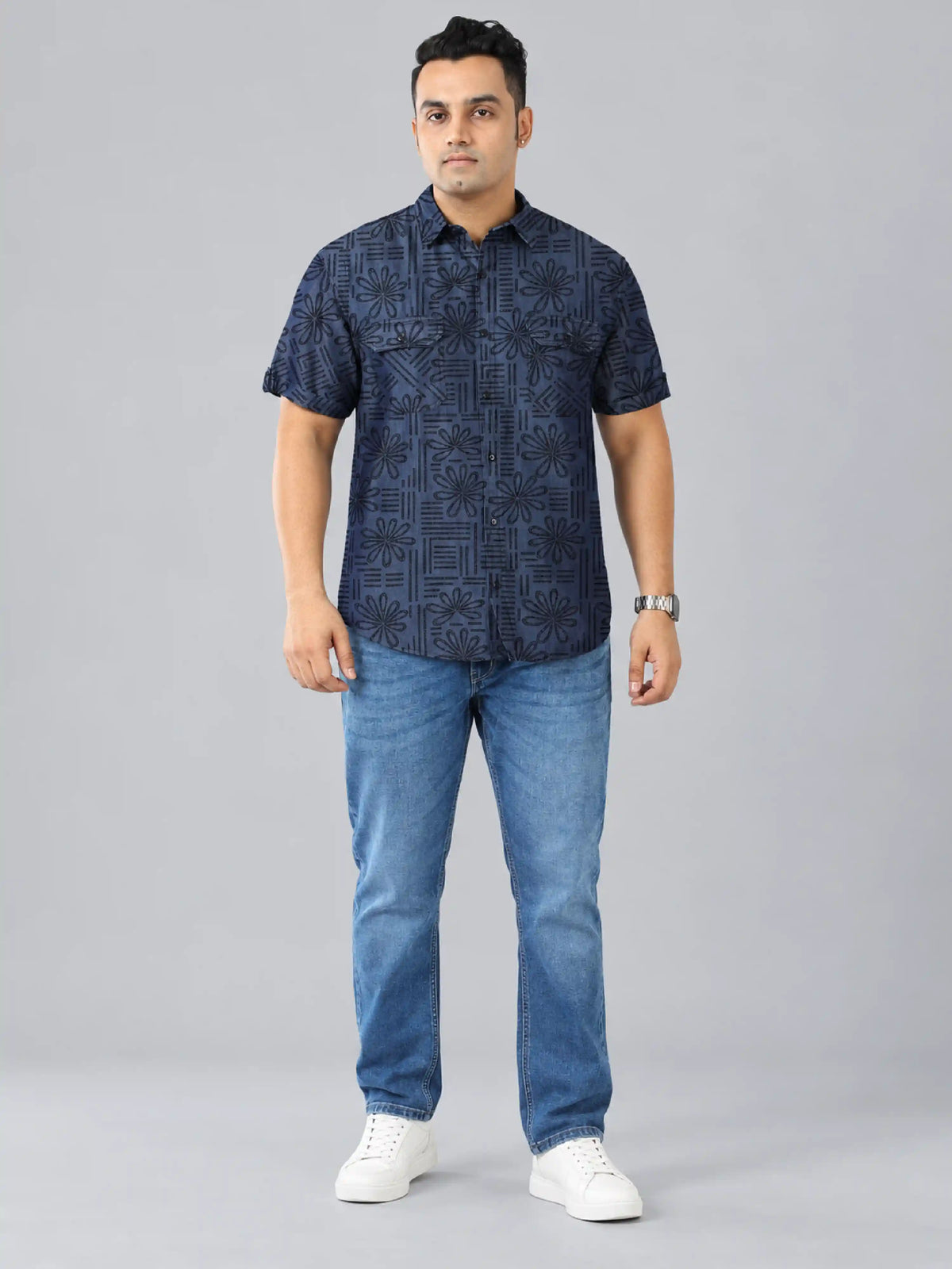 Bloom Line Denim Printed Men's Plus Size Double Pocket Half Sleeve Shirt