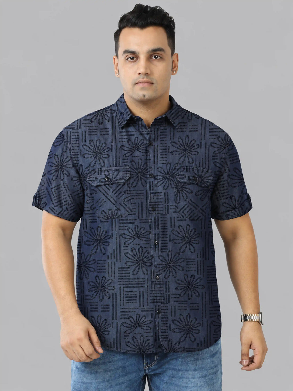 Bloom Line Denim Printed Men's Plus Size Double Pocket Half Sleeve Shirt