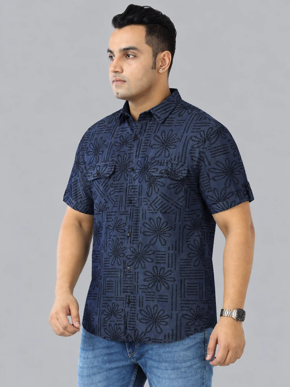 Bloom Line Denim Printed Men's Plus Size Double Pocket Half Sleeve Shirt