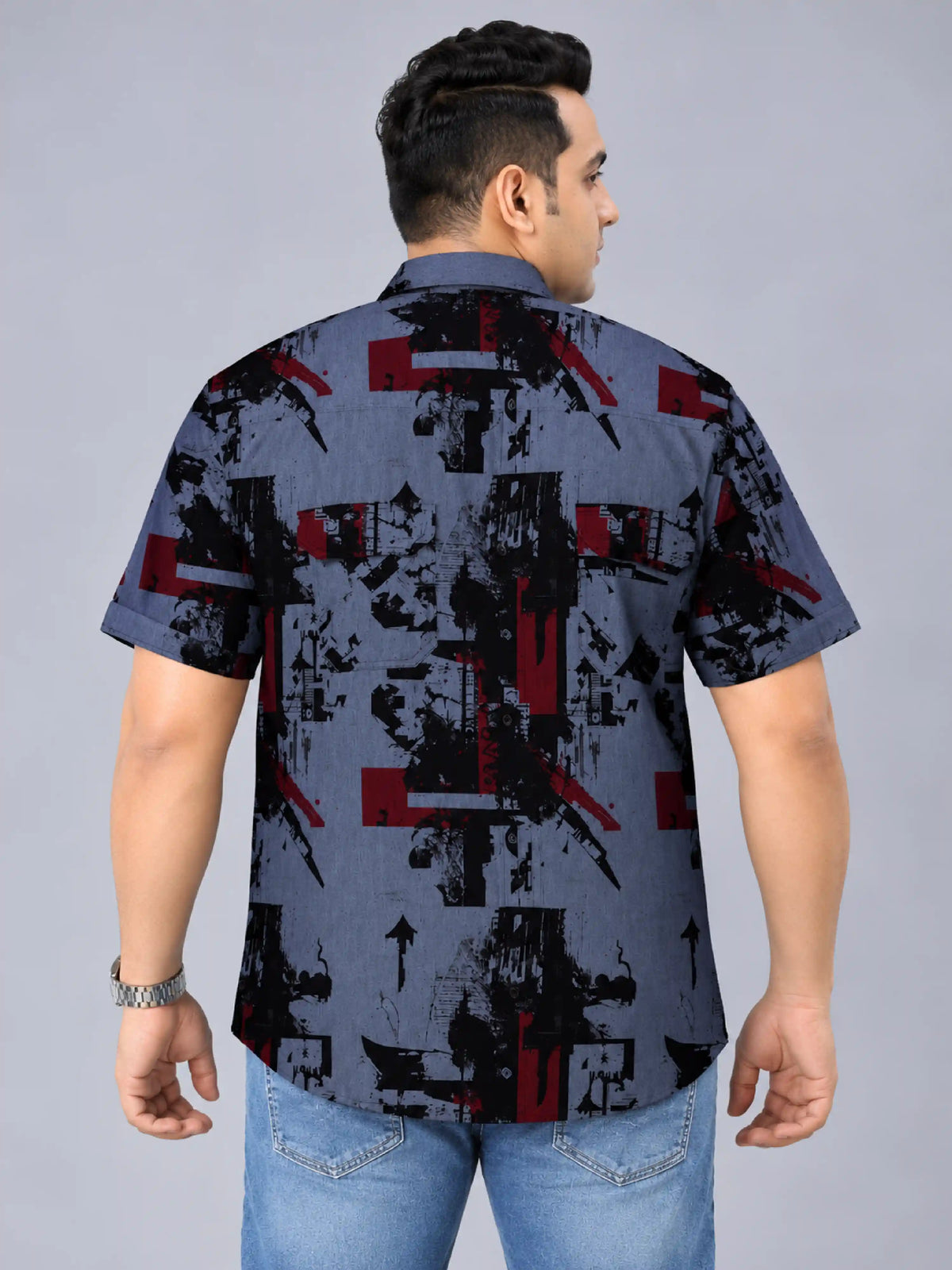 Urban Chaos Denim Printed Men's Plus Size Double Pocket Half Sleeve Shirt