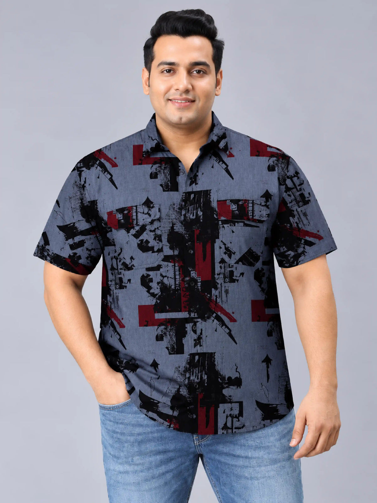 Urban Chaos Denim Printed Men's Plus Size Double Pocket Half Sleeve Shirt