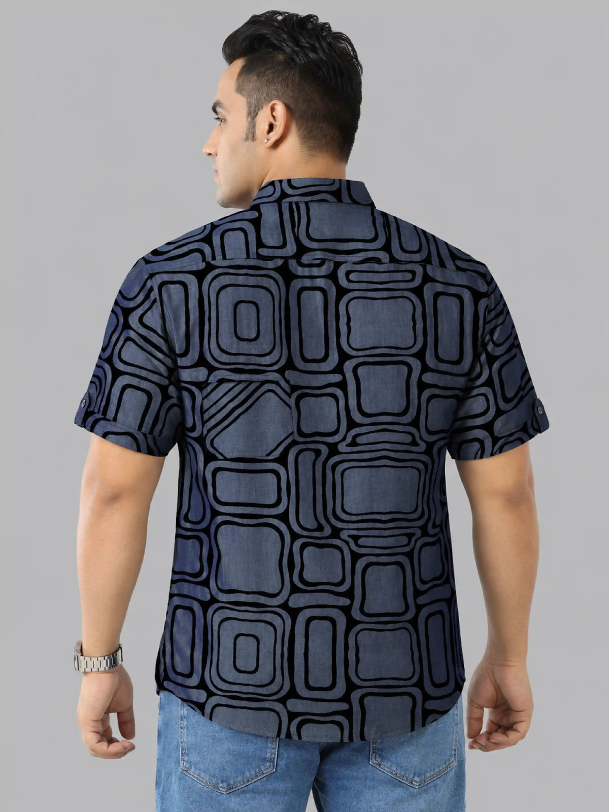 Retro Grid Denim Printed Men's Plus Size Double Pocket Half Sleeve Shirt