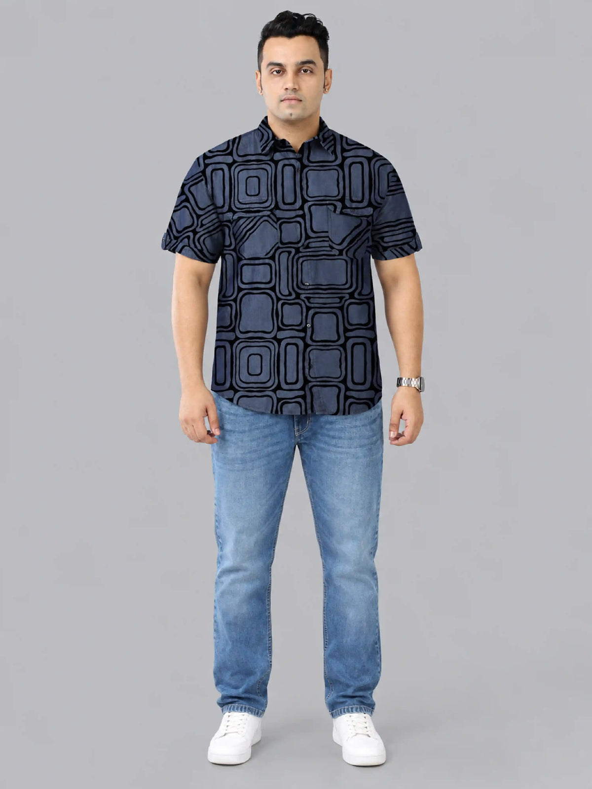 Retro Grid Denim Printed Men's Plus Size Double Pocket Half Sleeve Shirt
