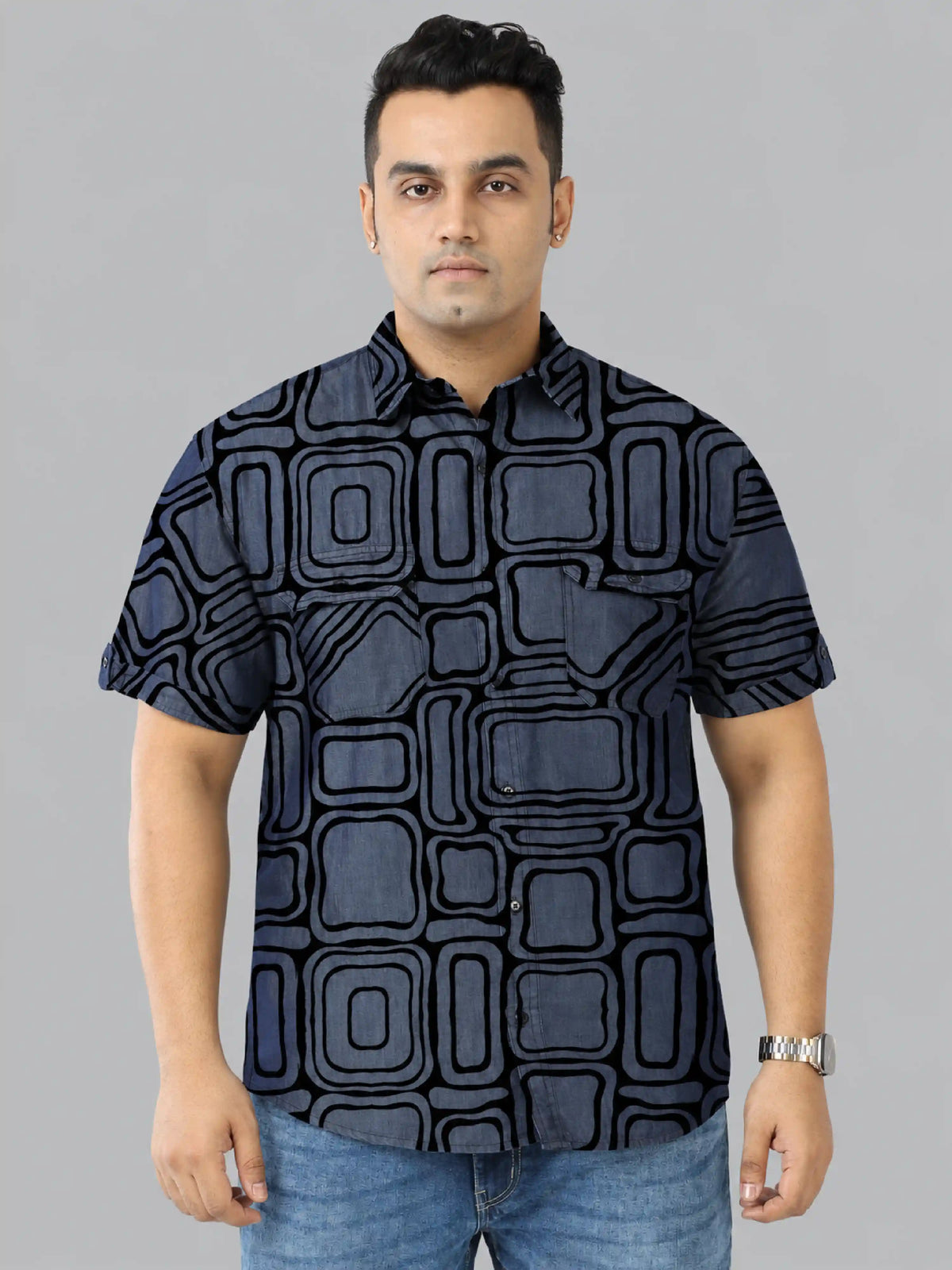 Retro Grid Denim Printed Men's Plus Size Double Pocket Half Sleeve Shirt