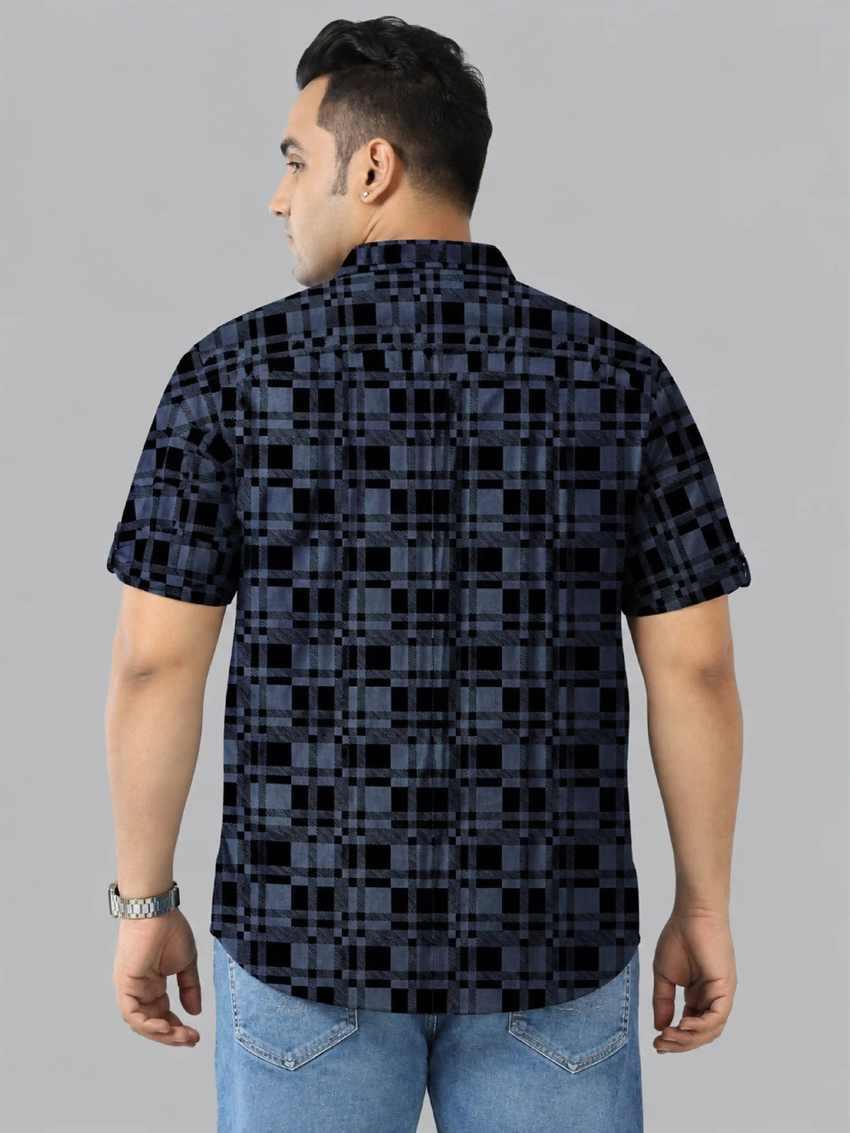 Black checks Denim Printed Men's Plus Size Double Pocket Half Sleeve Shirt