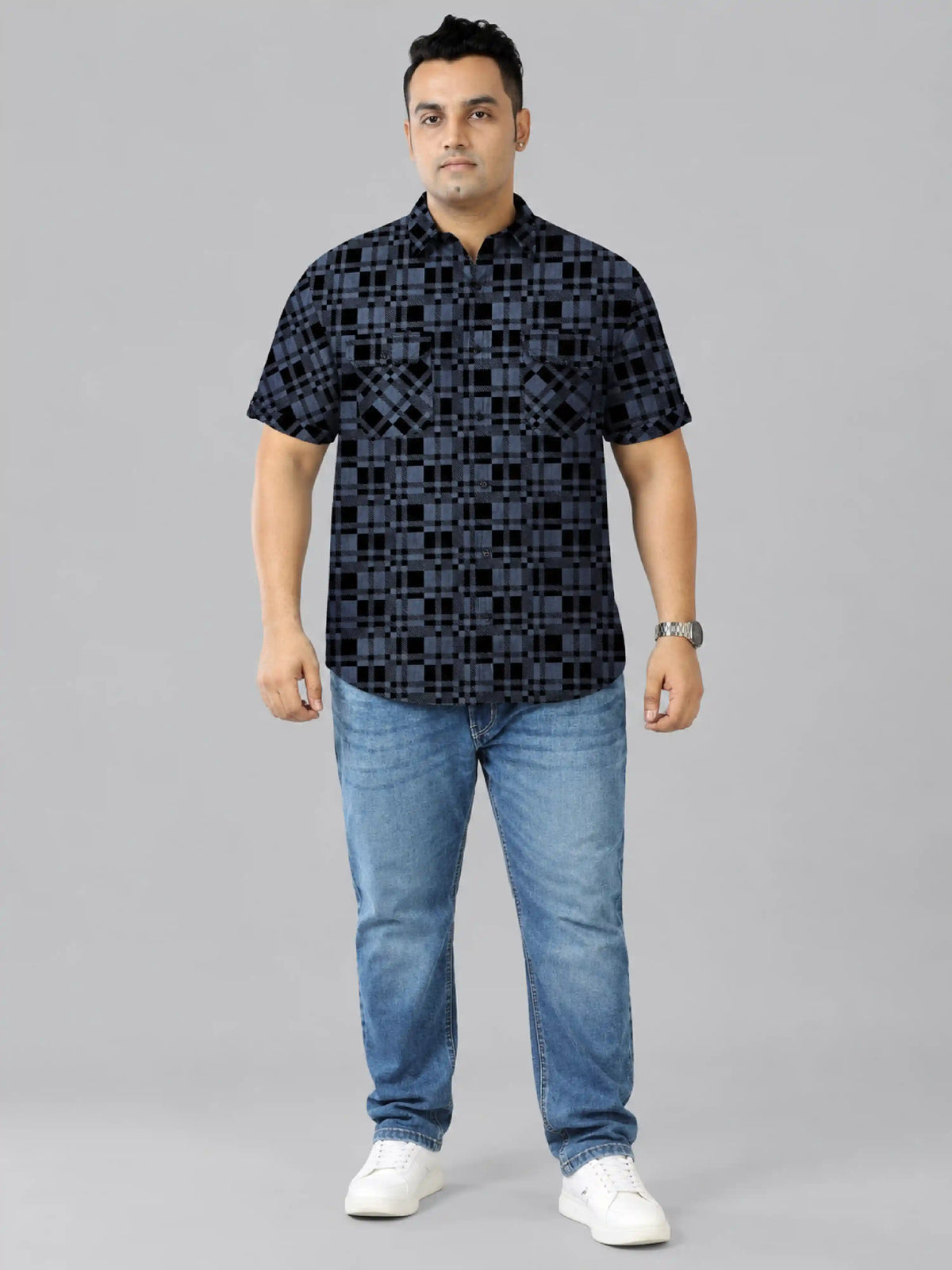 Black checks Denim Printed Men's Plus Size Double Pocket Half Sleeve Shirt
