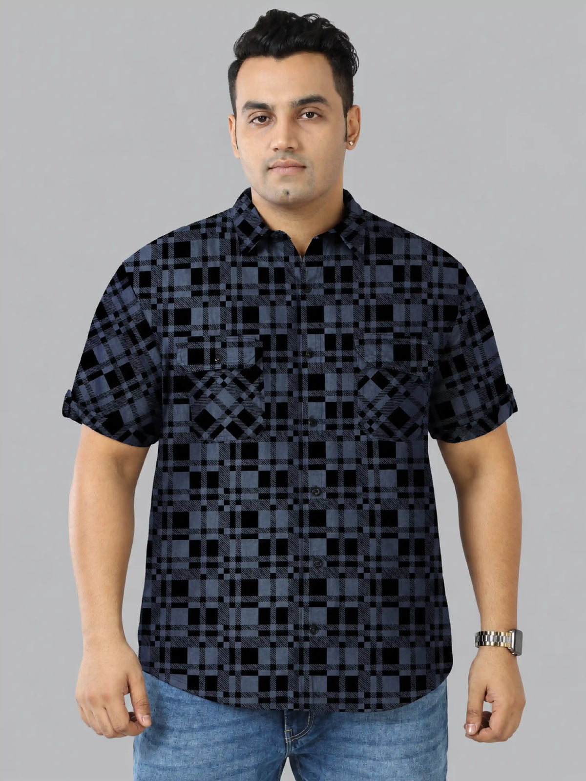 Black checks Denim Printed Men's Plus Size Double Pocket Half Sleeve Shirt