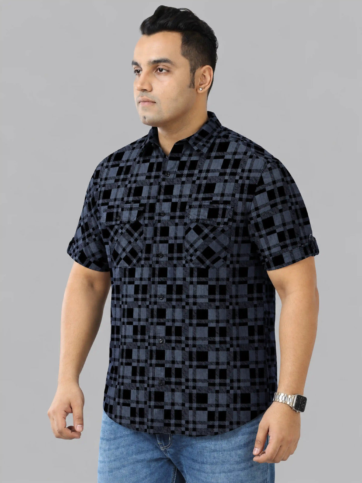 Black checks Denim Printed Men's Plus Size Double Pocket Half Sleeve Shirt