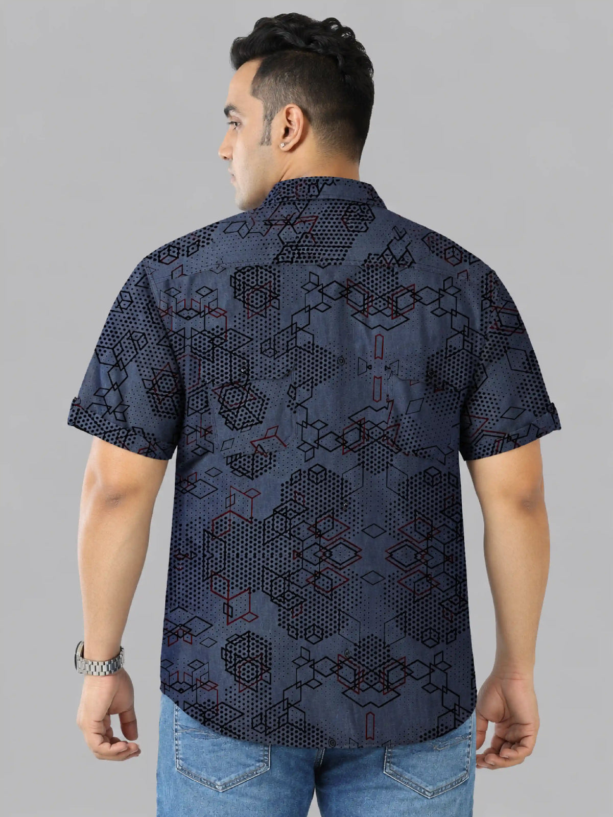 Digital Matrix Denim Printed Men's Plus Size Double Pocket Half Sleeve Shirt