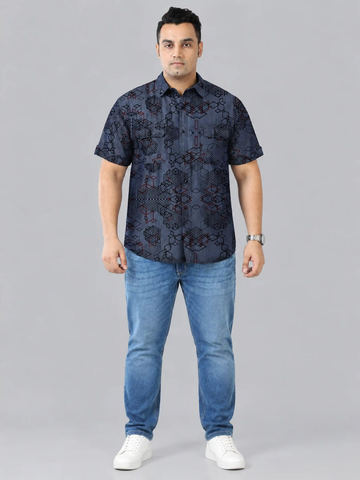 Digital Matrix Denim Printed Men's Plus Size Double Pocket Half Sleeve Shirt