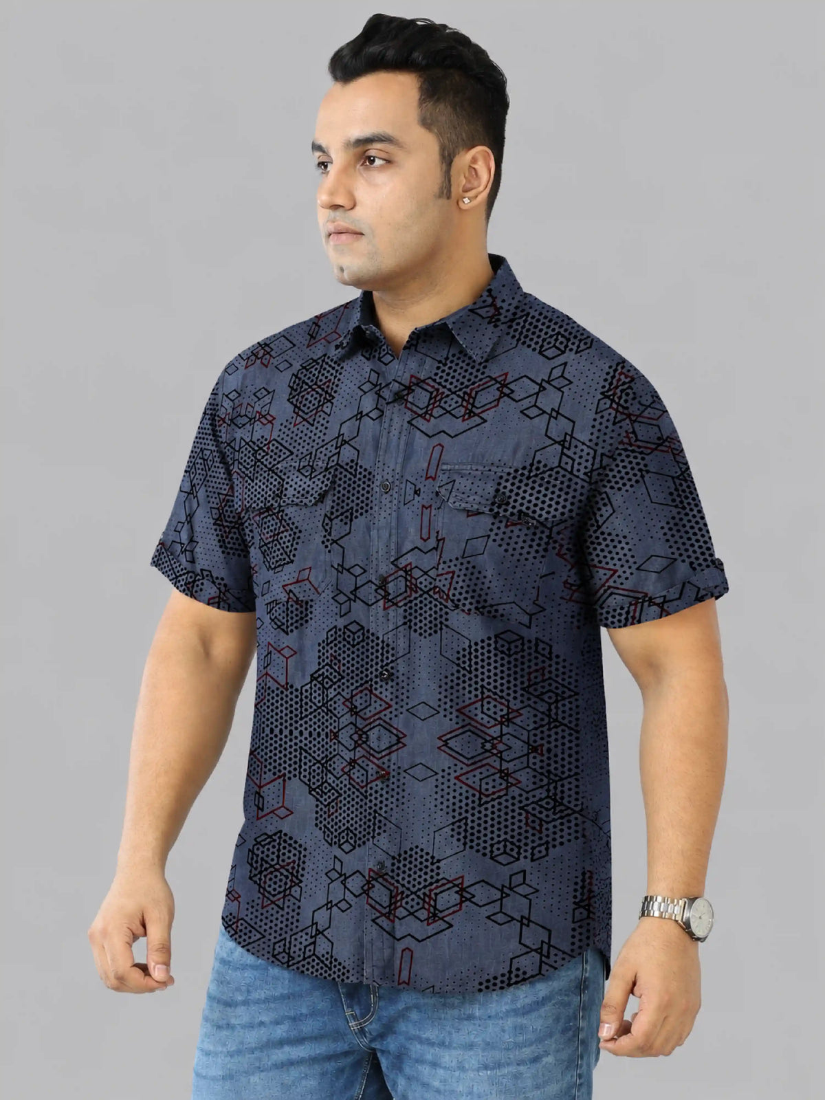 Digital Matrix Denim Printed Men's Plus Size Double Pocket Half Sleeve Shirt