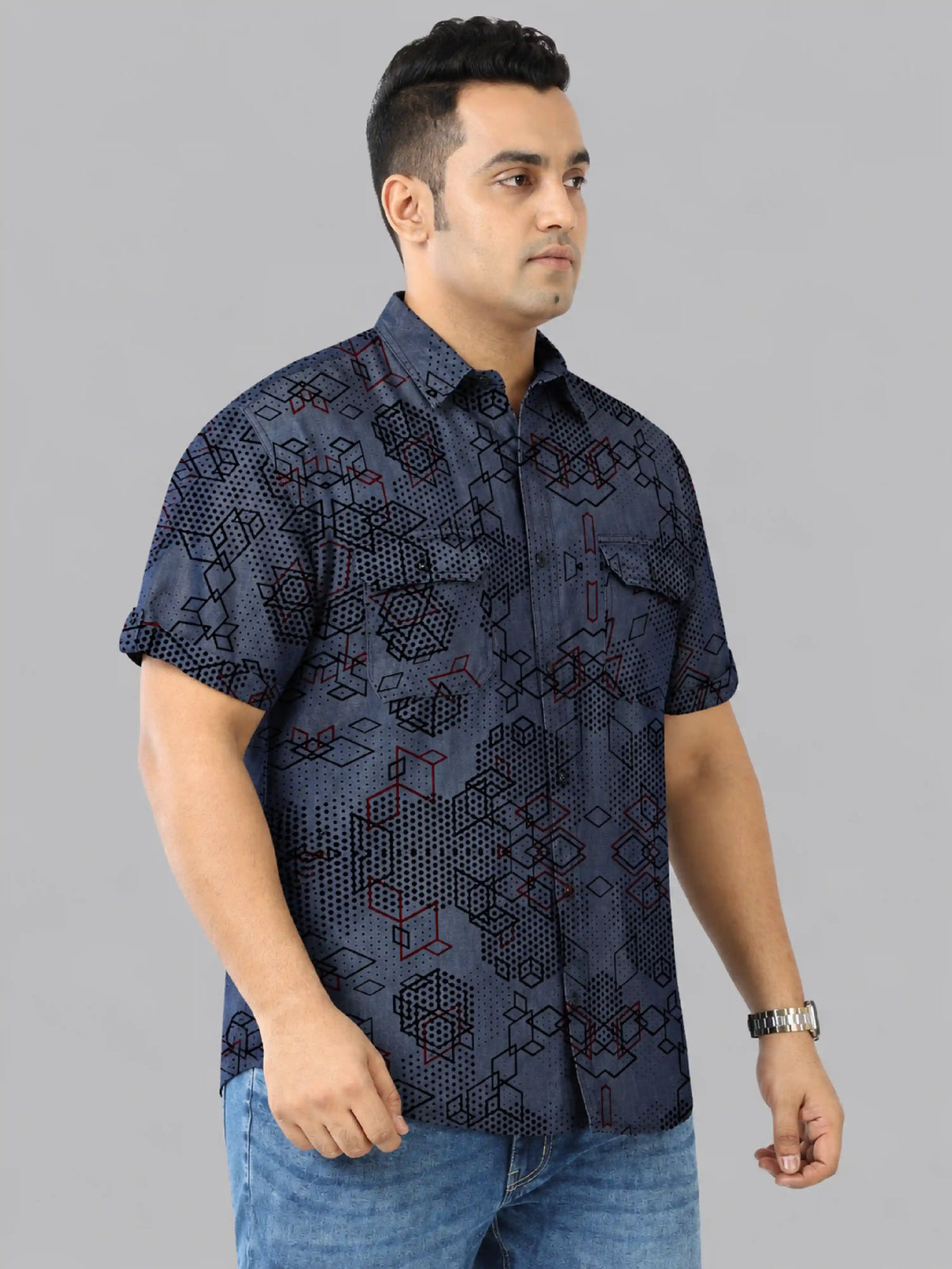 Digital Matrix Denim Printed Men's Plus Size Double Pocket Half Sleeve Shirt