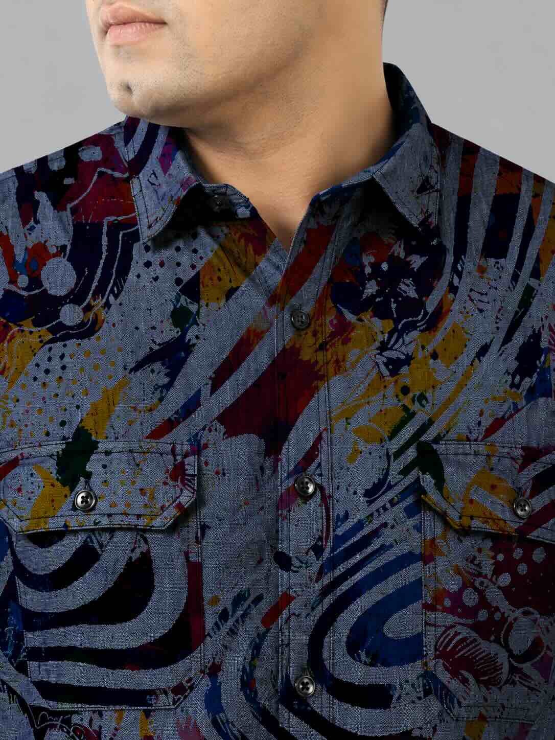 Abstract Floral Indigo Denim Printed Men's Plus Size Double Pocket Half Sleeve Shirt
