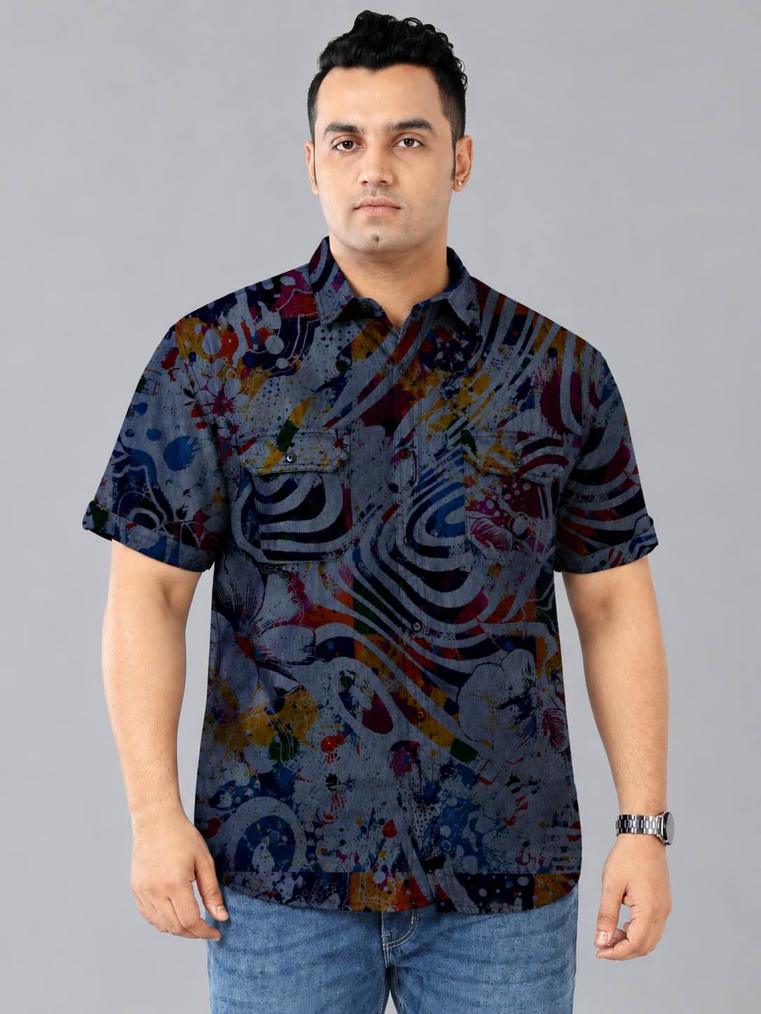 Abstract Floral Indigo Denim Printed Men's Plus Size Double Pocket Half Sleeve Shirt