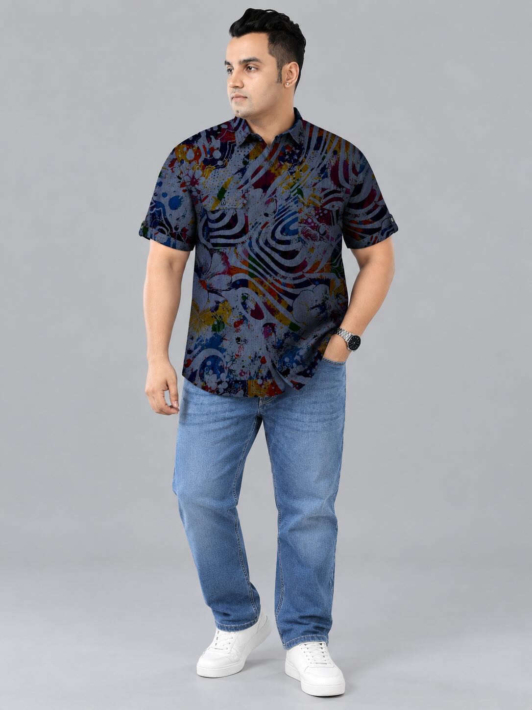 Abstract Floral Indigo Denim Printed Men's Plus Size Double Pocket Half Sleeve Shirt