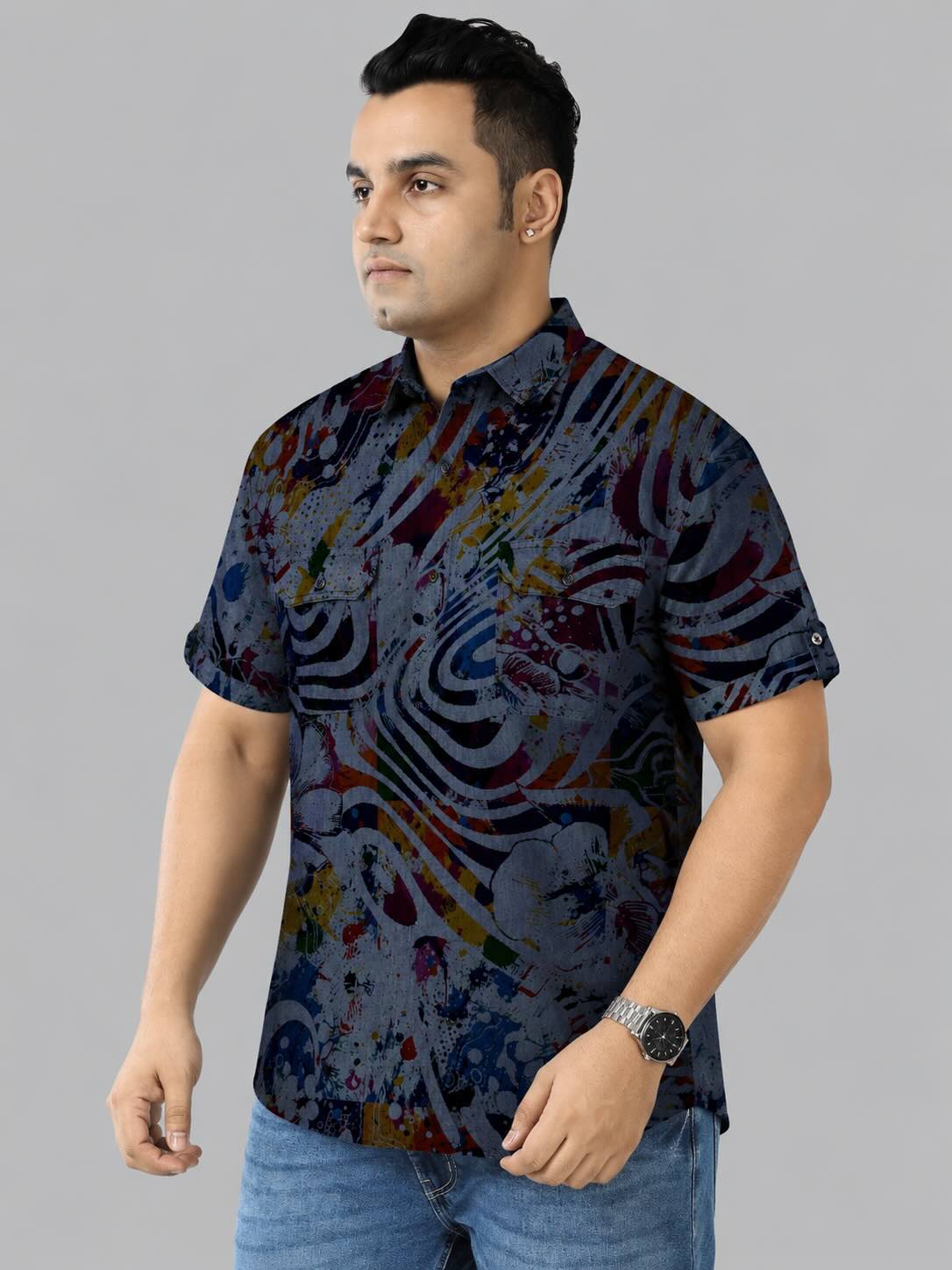 Abstract Floral Indigo Denim Printed Men's Plus Size Double Pocket Half Sleeve Shirt