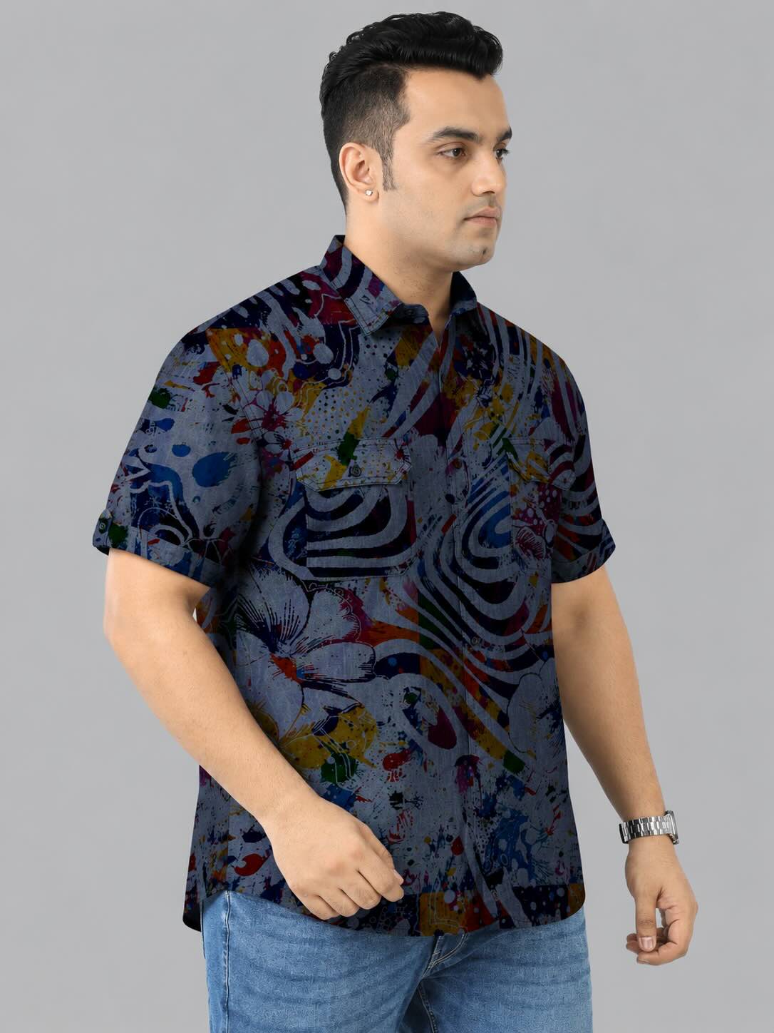 Abstract Floral Indigo Denim Printed Men's Plus Size Double Pocket Half Sleeve Shirt