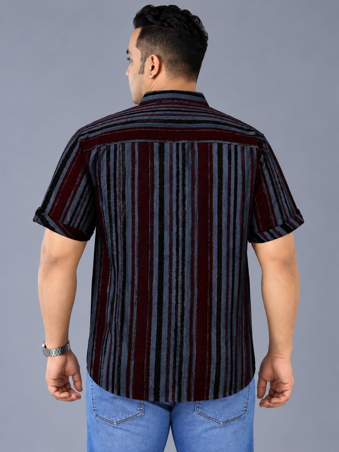 Vertical Stripe Indigo Denim Printed Men's Plus Size Double Pocket Half Sleeve Shirt