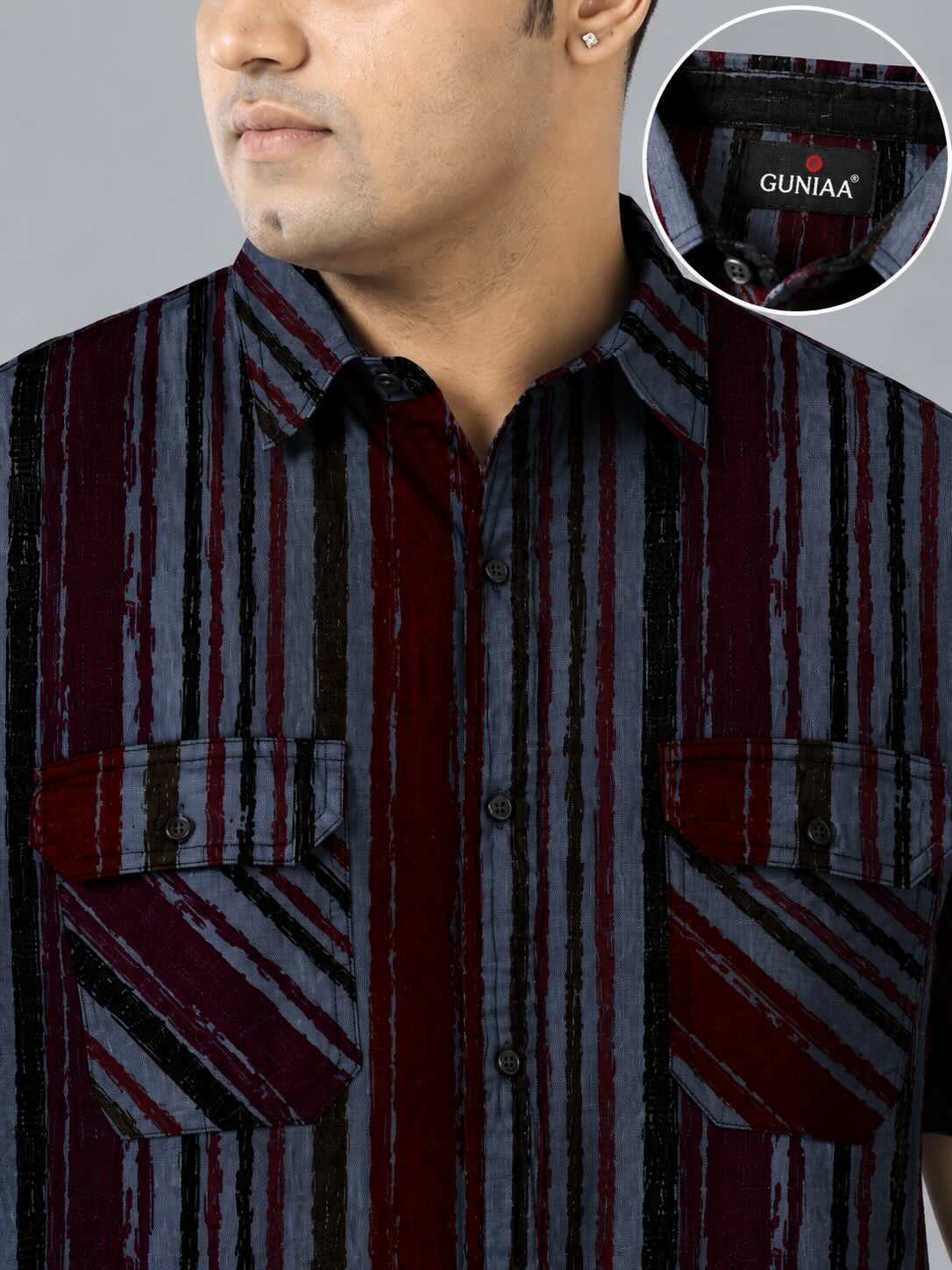 Vertical Stripe Indigo Denim Printed Men's Plus Size Double Pocket Half Sleeve Shirt
