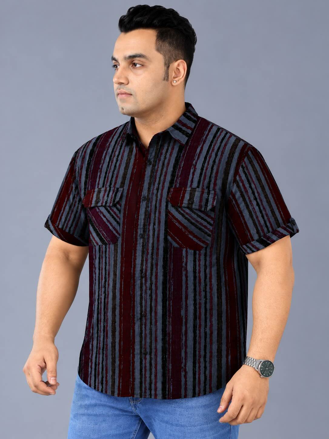 Vertical Stripe Indigo Denim Printed Men's Plus Size Double Pocket Half Sleeve Shirt