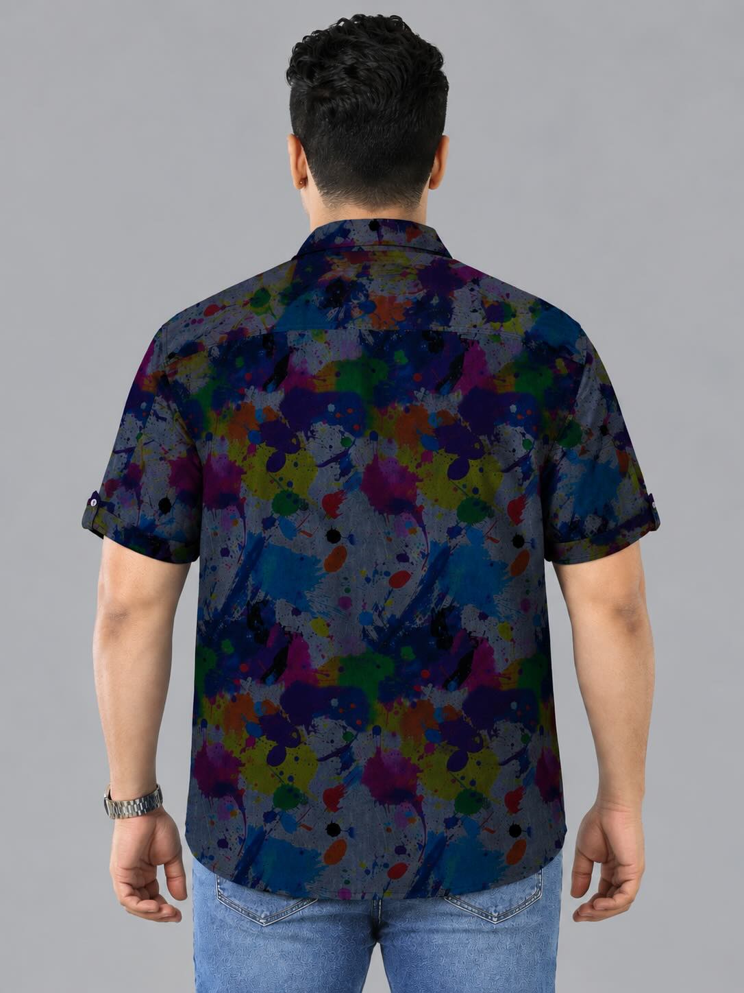 Urban Color Splash Indigo Denim Printed Men's Plus Size Double Pocket Half Sleeve Shirt